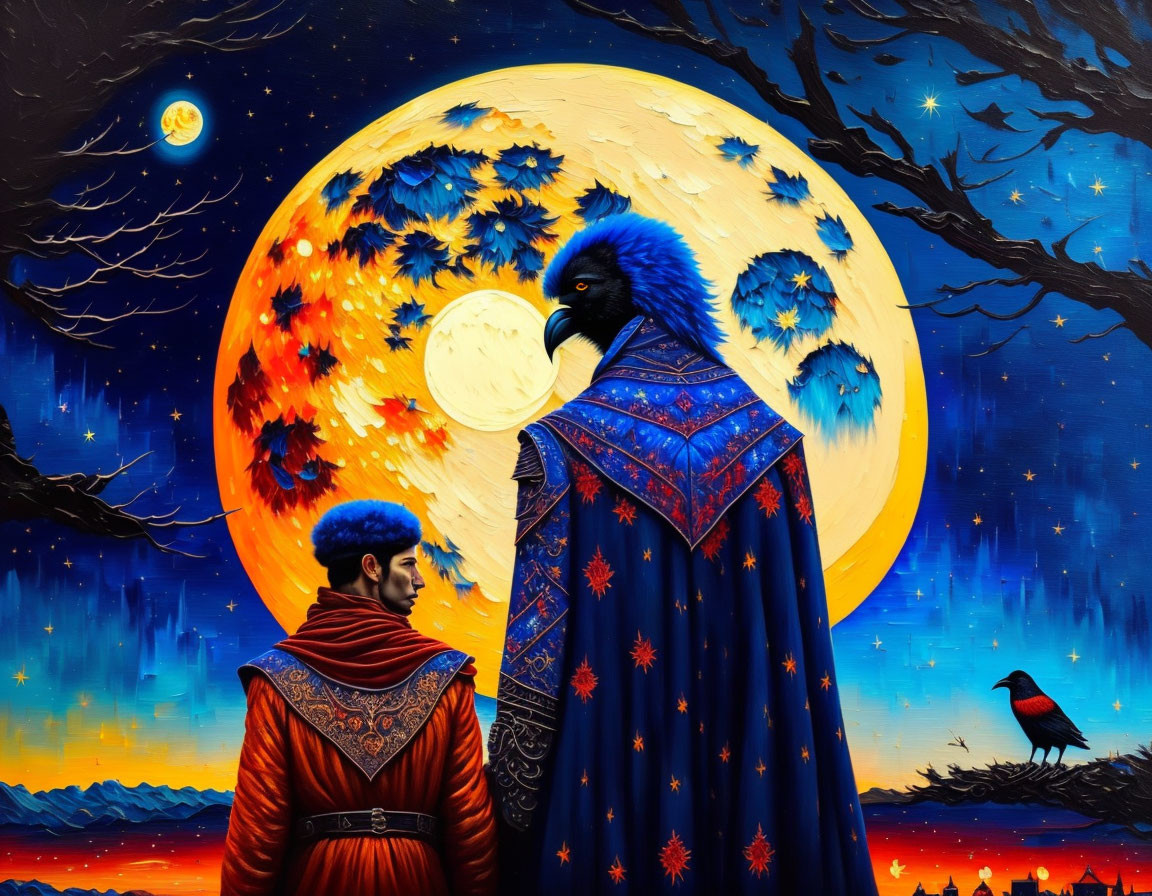 Colorful artwork: man and raven under moon