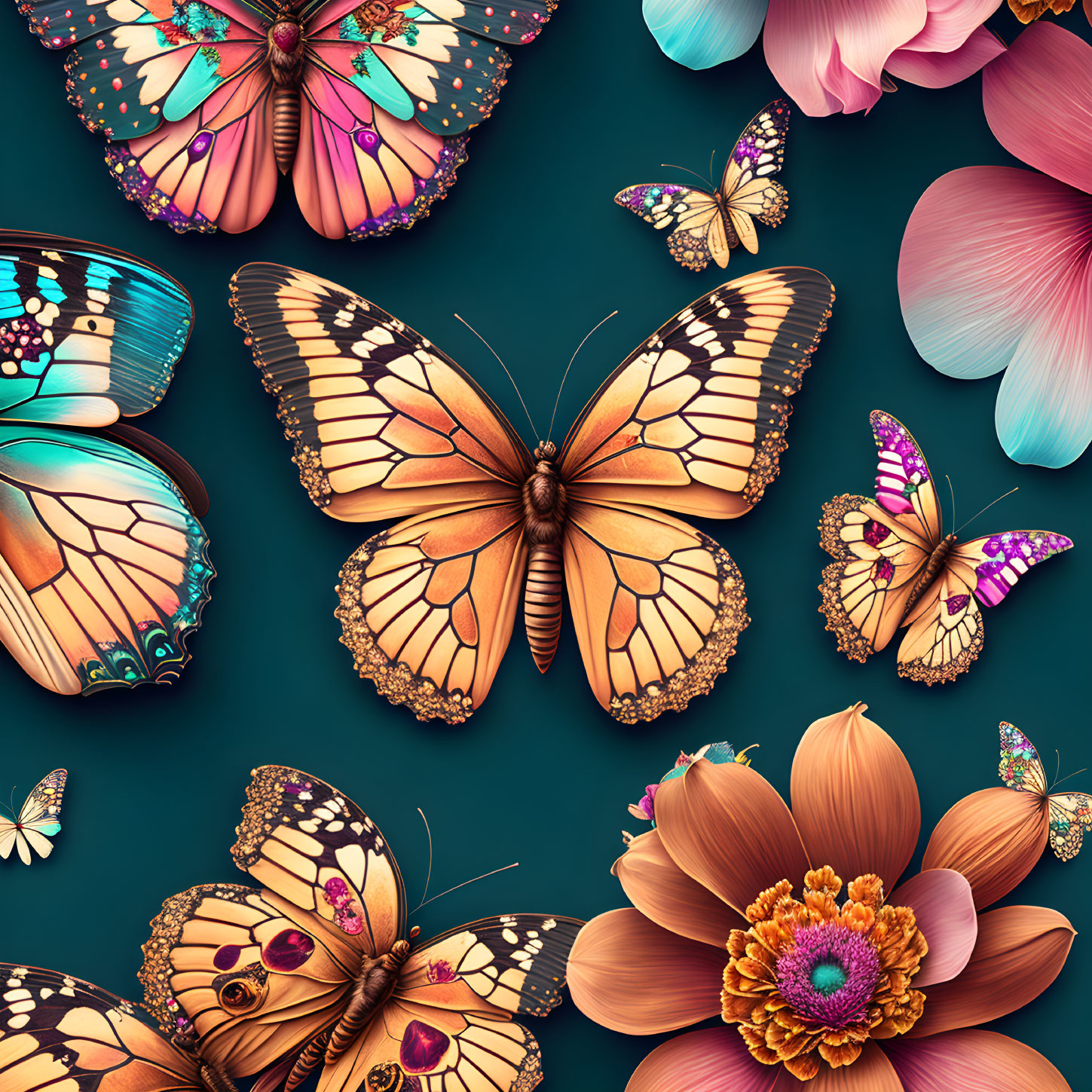 Colorful Butterflies Fluttering Around Pink and Red Flowers on Teal Background