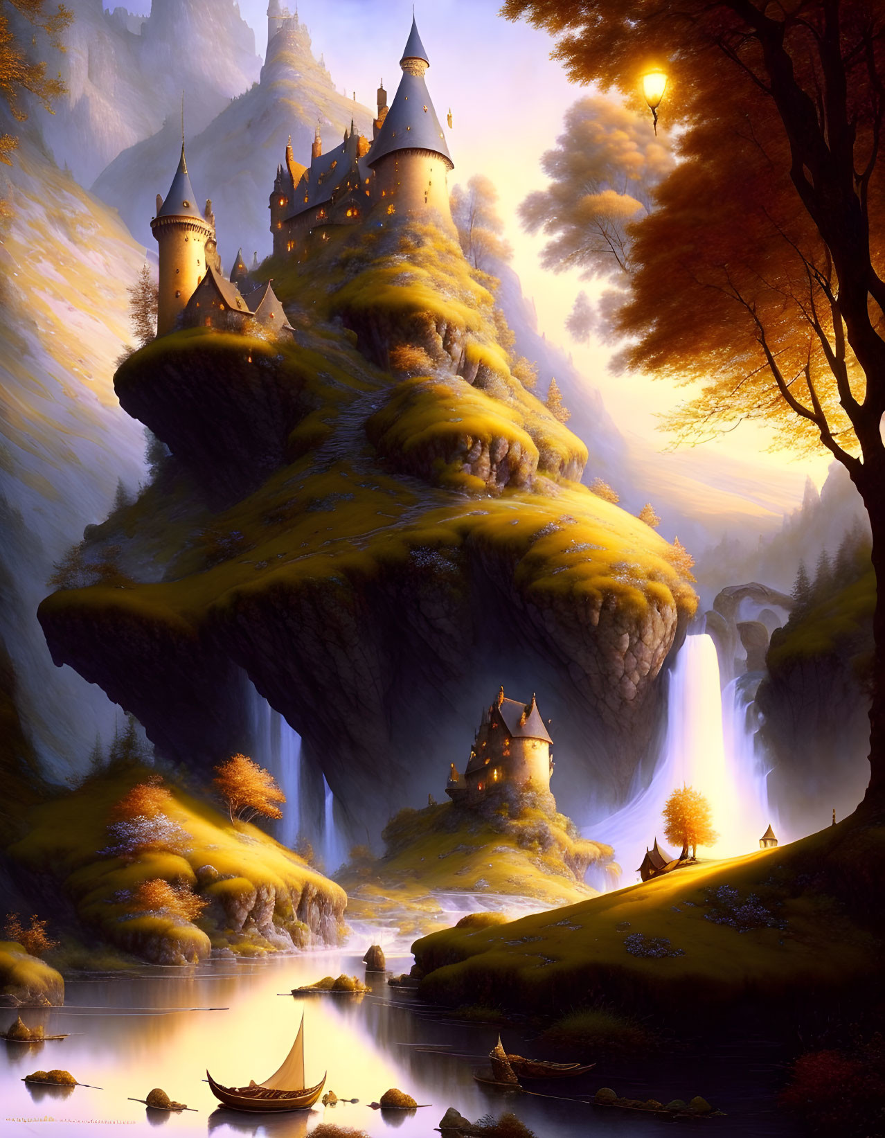 Fantasy landscape with illuminated castles on floating islands, cascading waterfalls, and autumn foliage