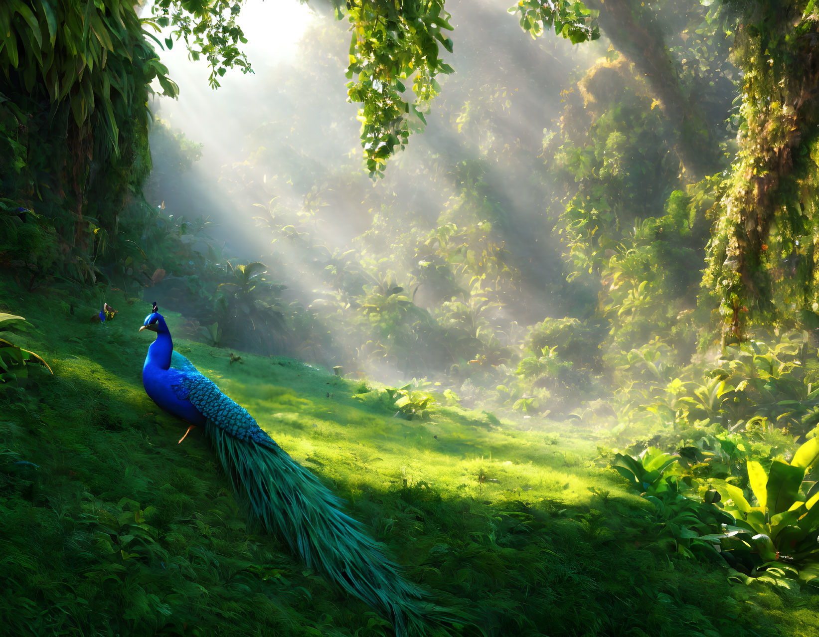 Vibrant blue peacock in lush forest clearing