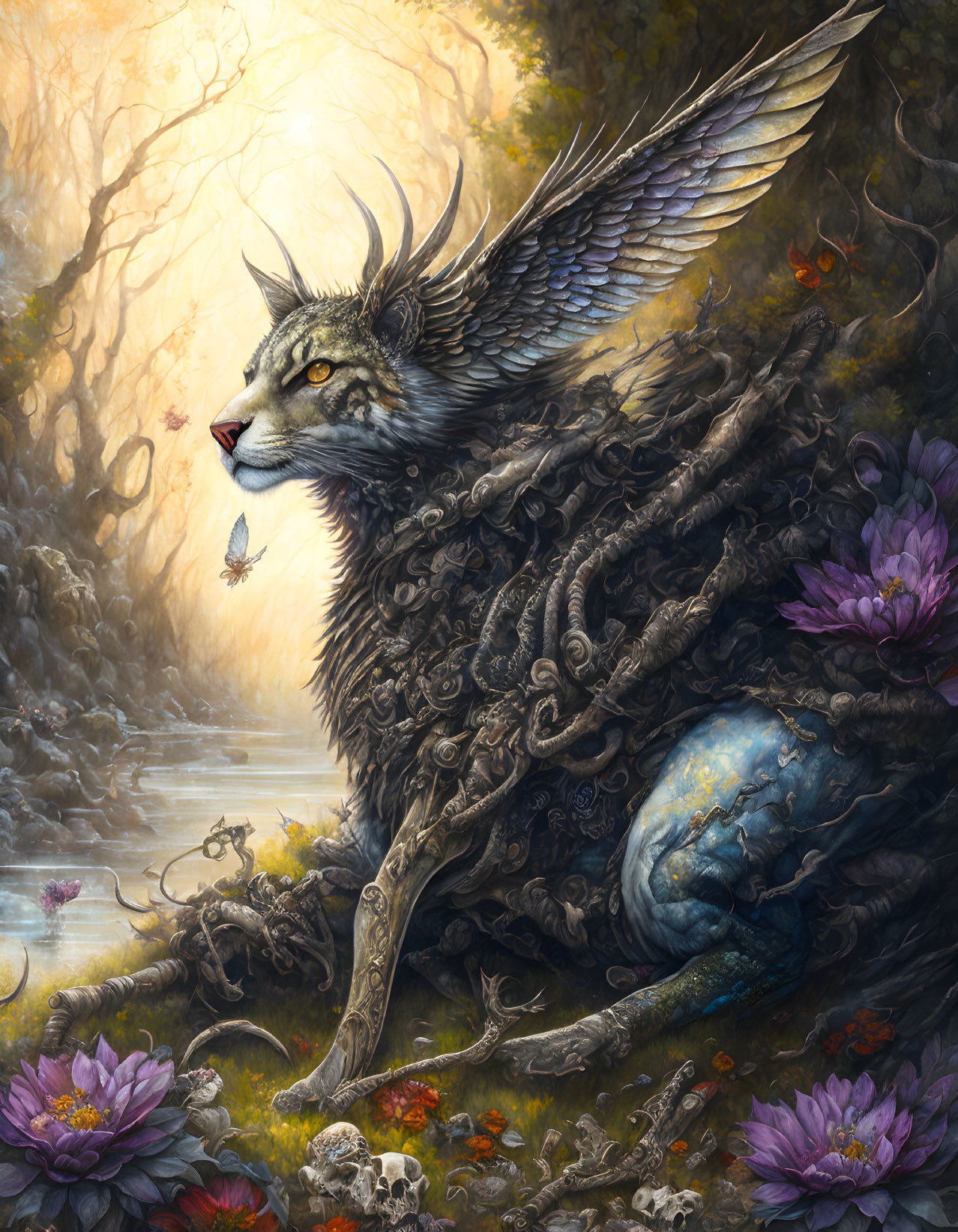 Wolf-headed winged creature in forest roots and flowers under golden light