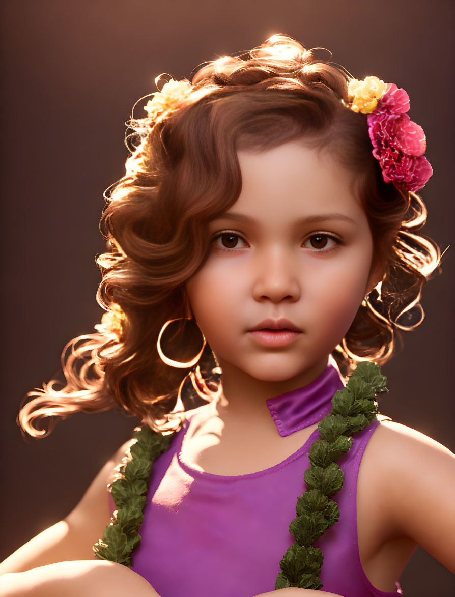 Young girl with curly hair in purple top and floral headband, backlit in warm glow