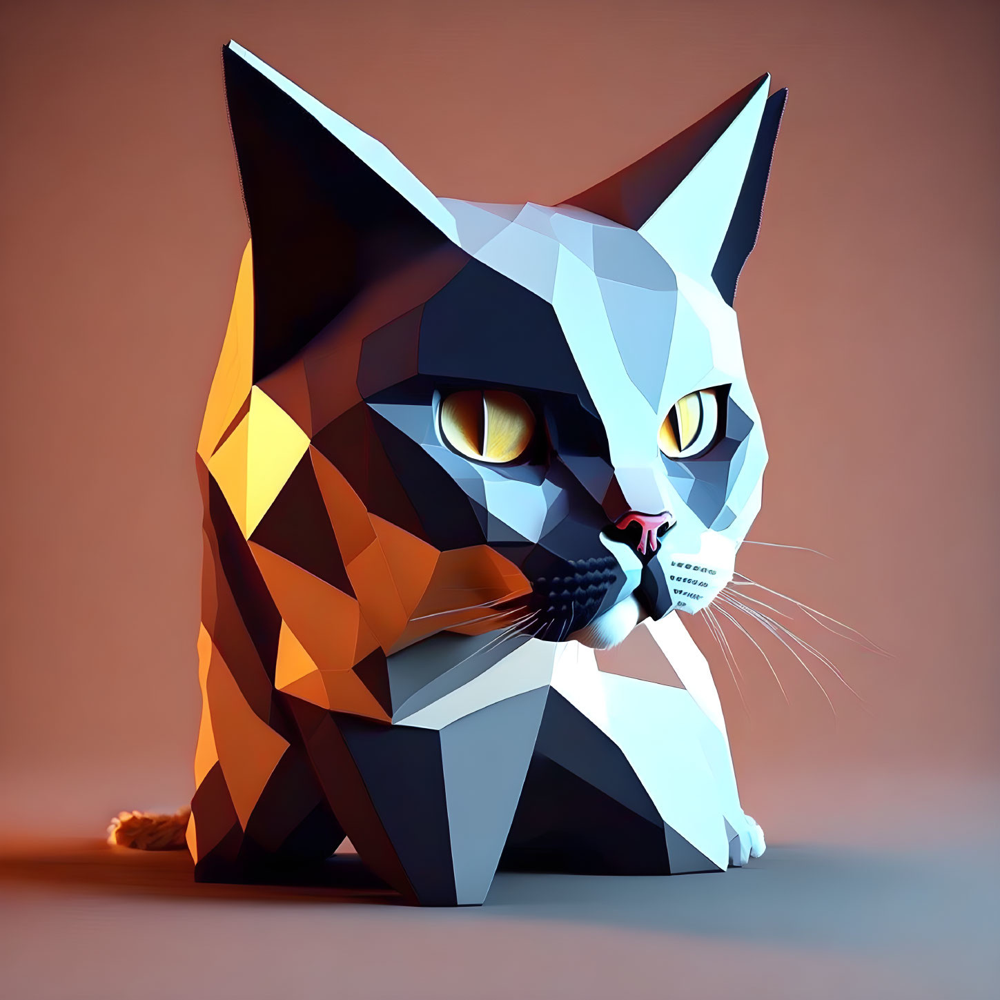 Stylized polygonal cat with yellow eyes on peach background