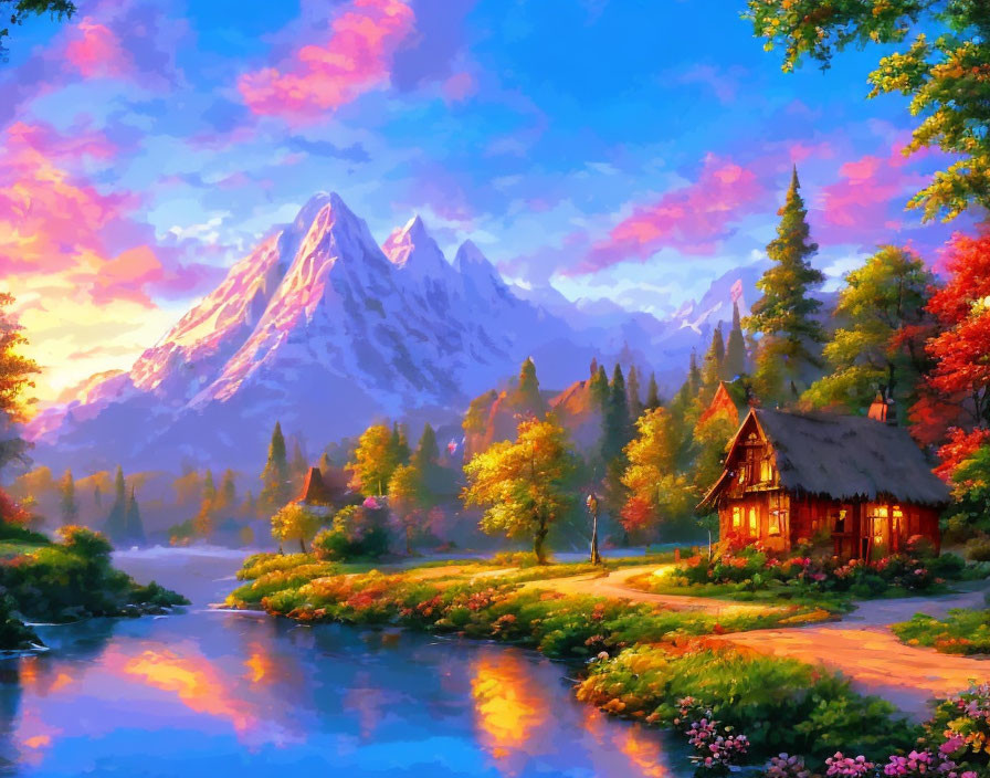 Scenic painting of cozy cabin by river with pink mountains