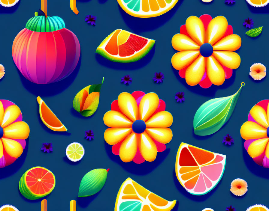 Vibrant fruit and floral pattern on dark background