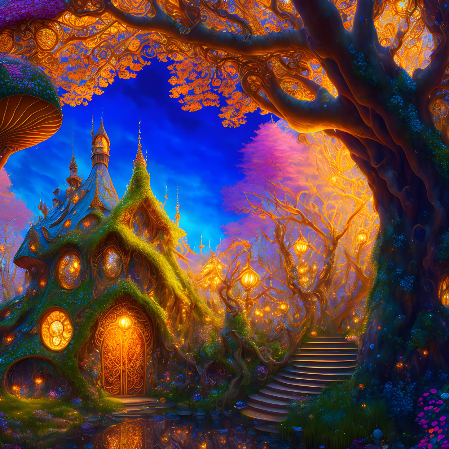 Fantasy landscape at dusk: glowing trees, golden door treehouse, mushrooms