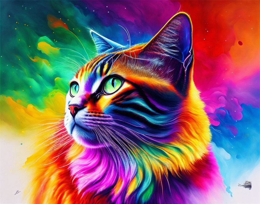 Colorful Psychedelic Cat Illustration with Cosmic Background