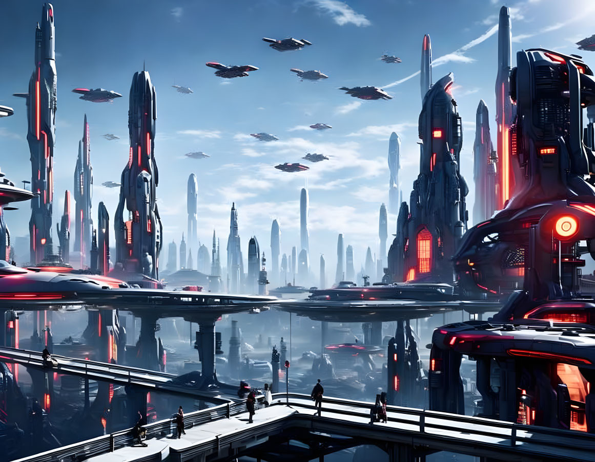 Sleek skyscrapers and flying vehicles in futuristic cityscape