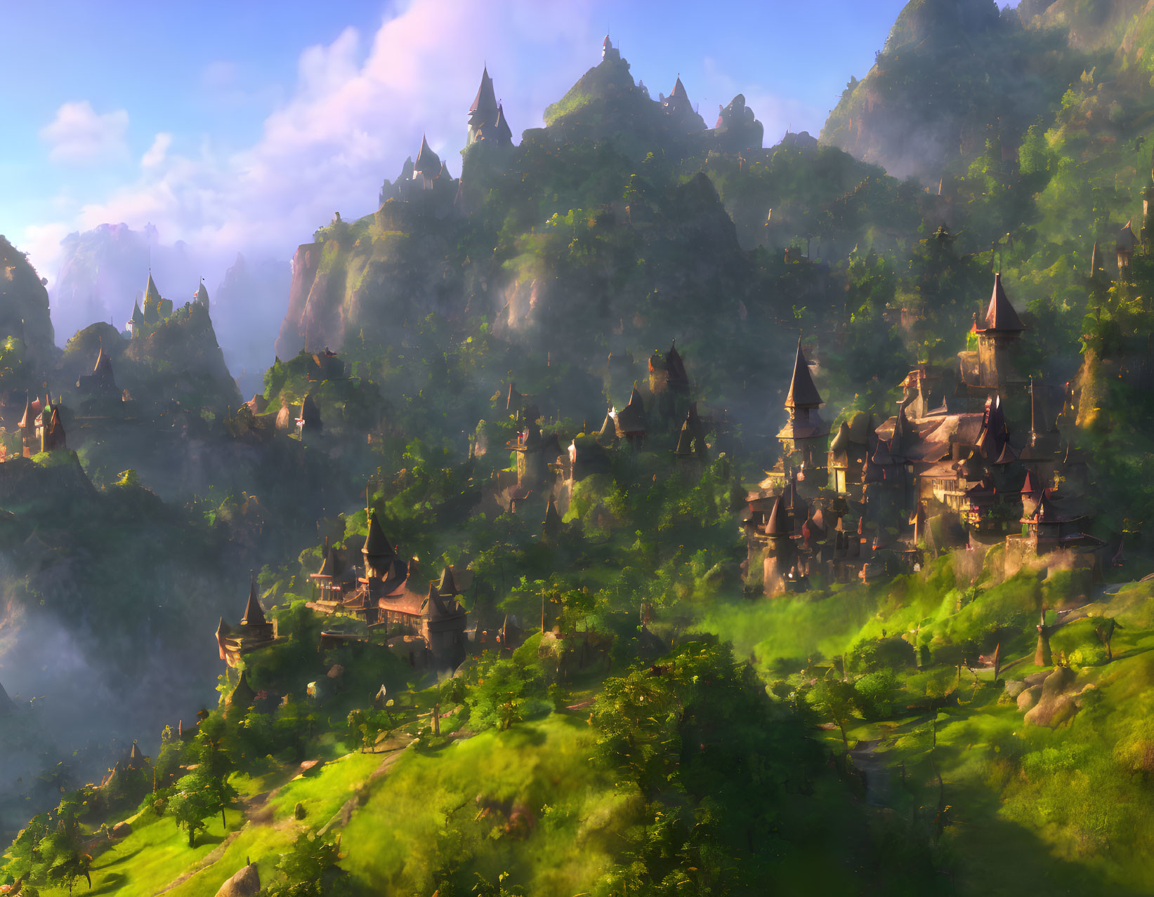 Sunlit fantasy landscape: lush valley, medieval castles, rolling hills