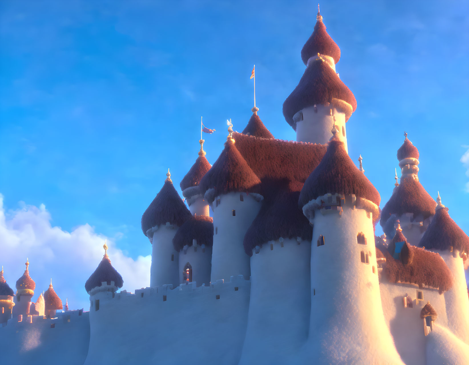 Snow-covered castle with turrets and flags in serene setting