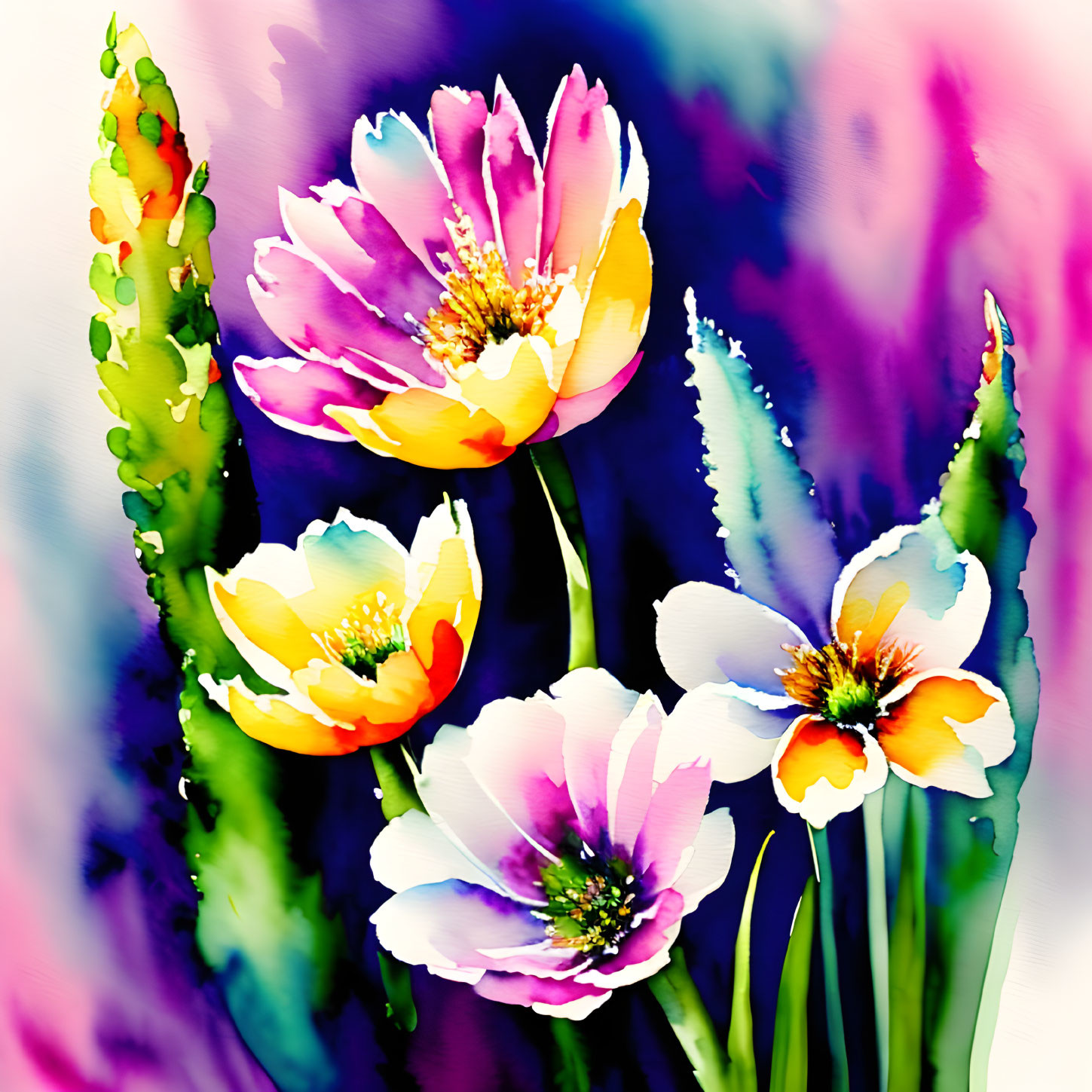 Colorful Watercolor Painting of Blooming Flowers in Pink, Orange, and White