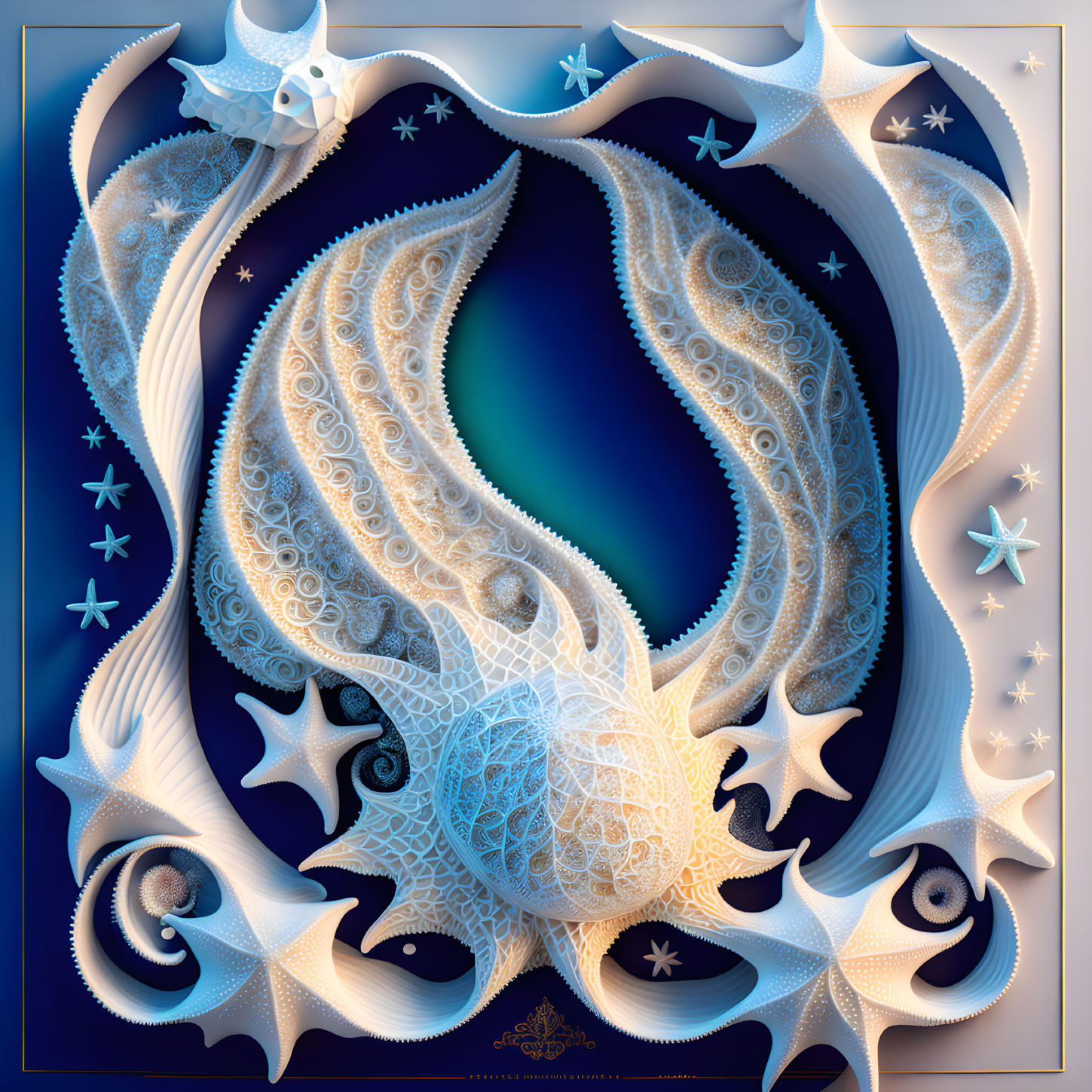 Marine-themed fractal design in blue and cream on dark background