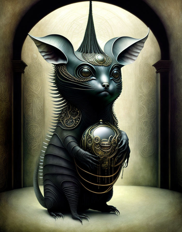 Anthropomorphic black cat with gold and pearl jewelry and golden orb.