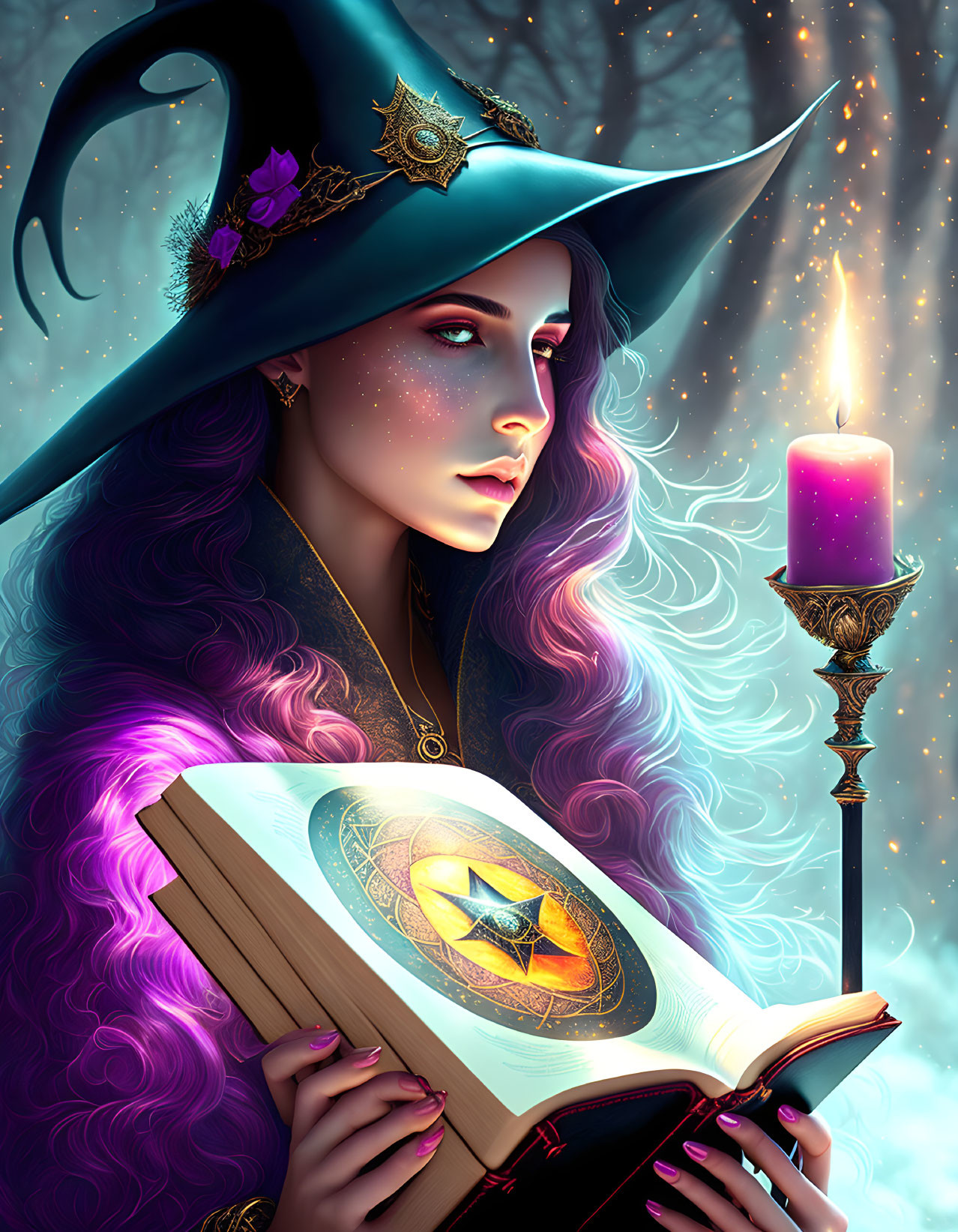 Mystical figure with purple hair holding open book and candle