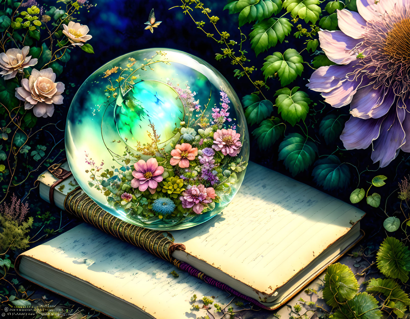 Colorful open book, crystal ball, and lush flora illustration