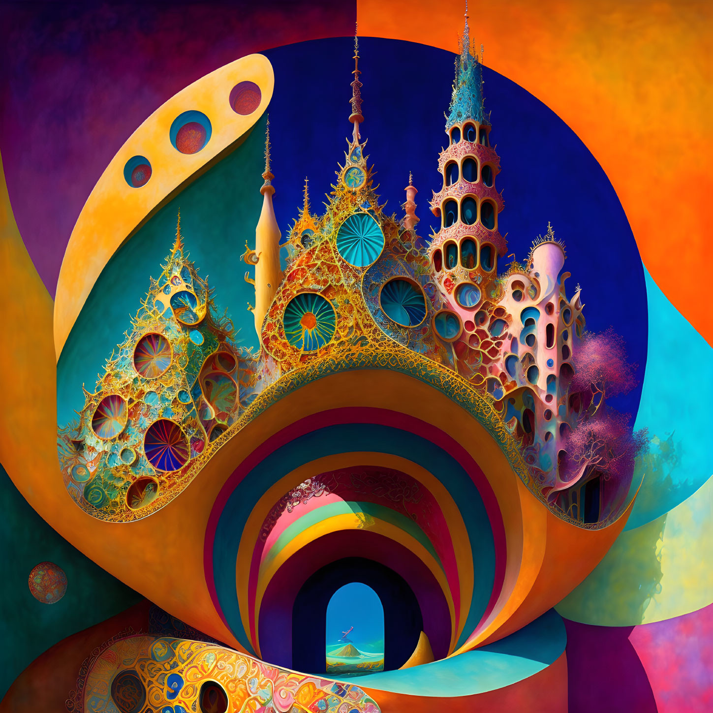 Colorful Abstract Artwork with Whimsical Architectural Structures