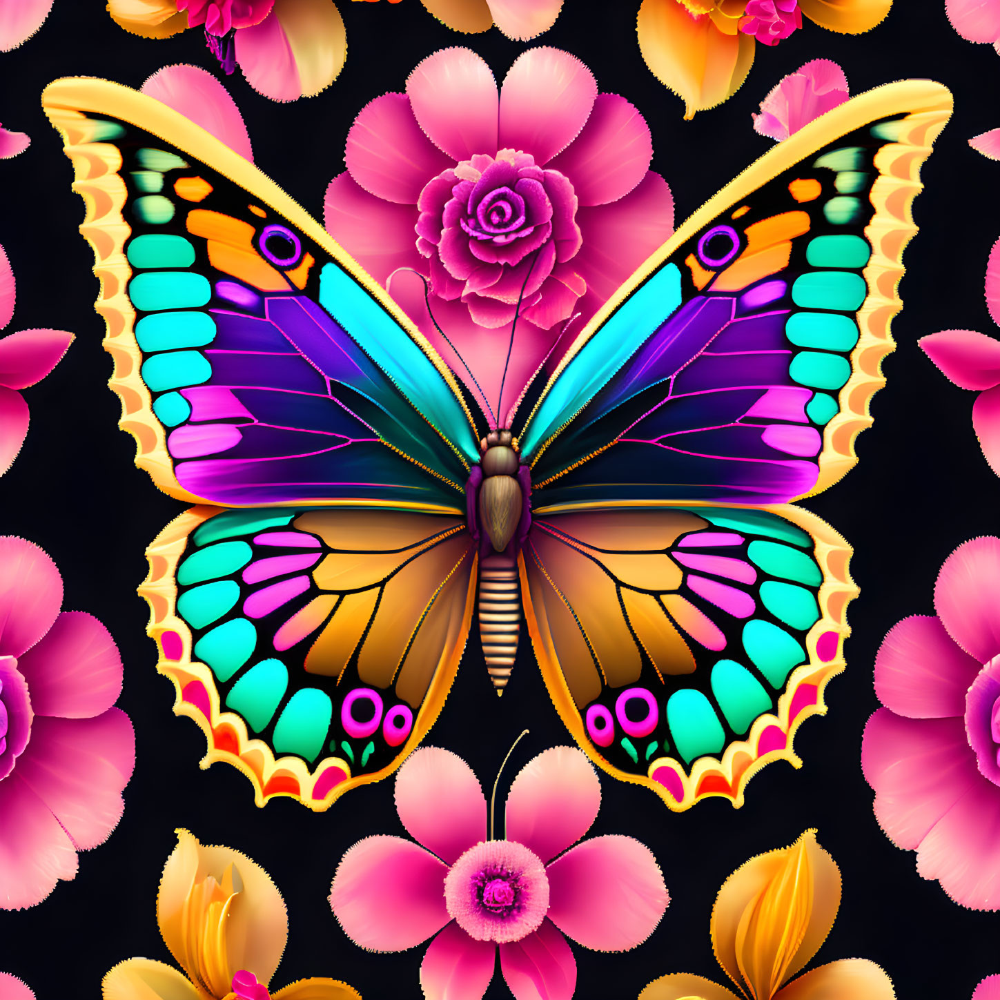 Colorful Butterfly Artwork with Pink and Orange Flowers on Black Background