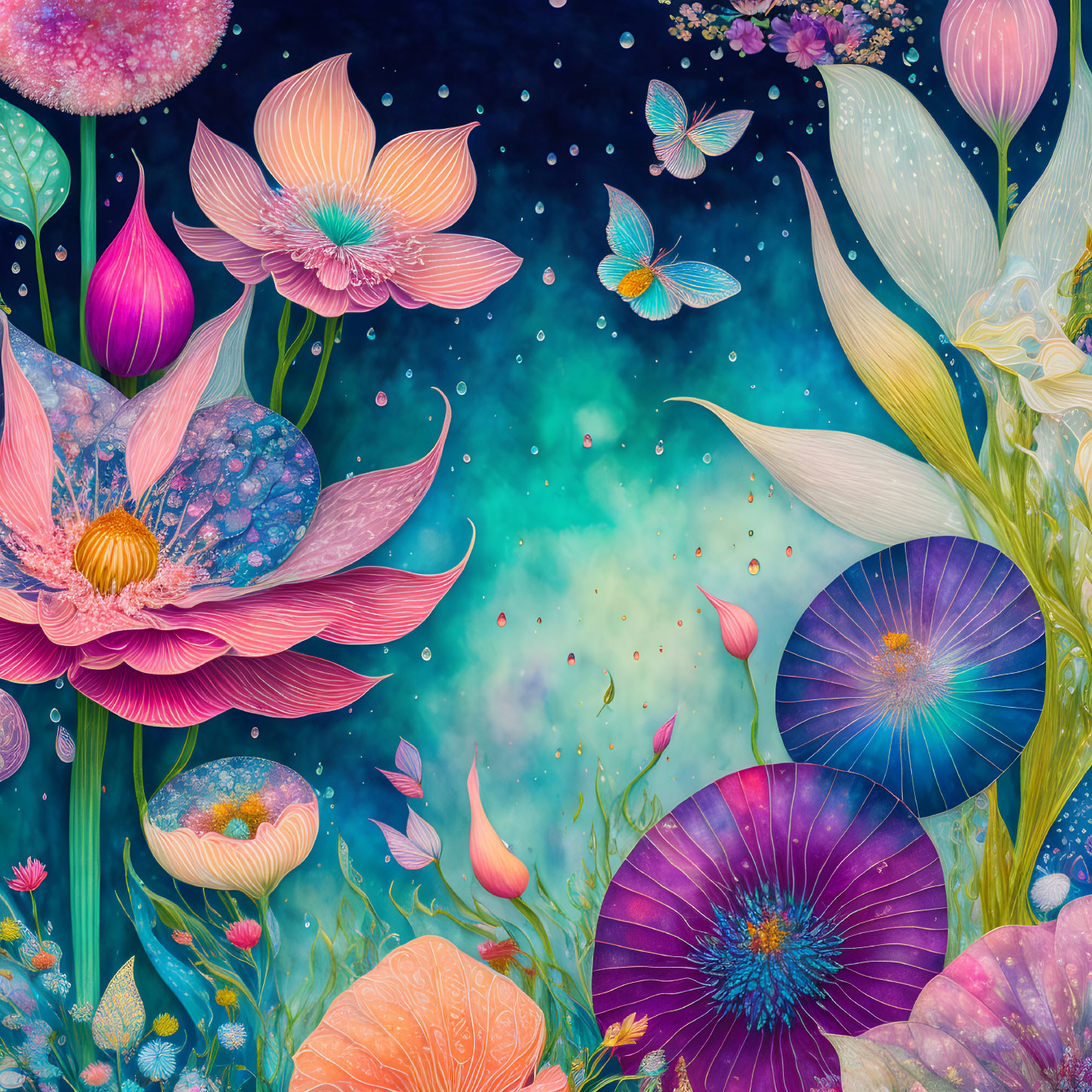 Colorful illustration of lotus flowers and butterflies on teal celestial background.