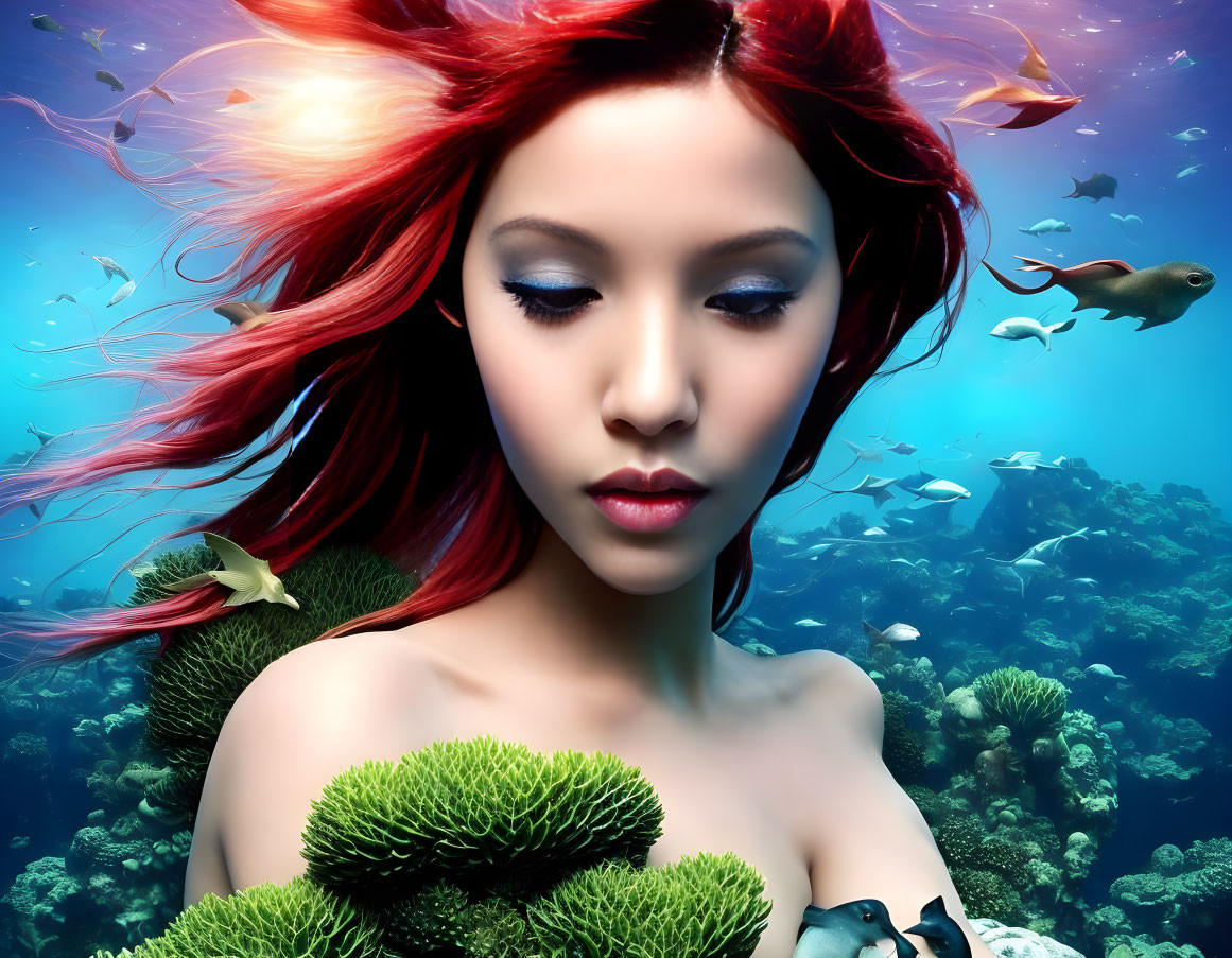 Digital Artwork: Woman with Red Hair Underwater Surrounded by Fish and Coral