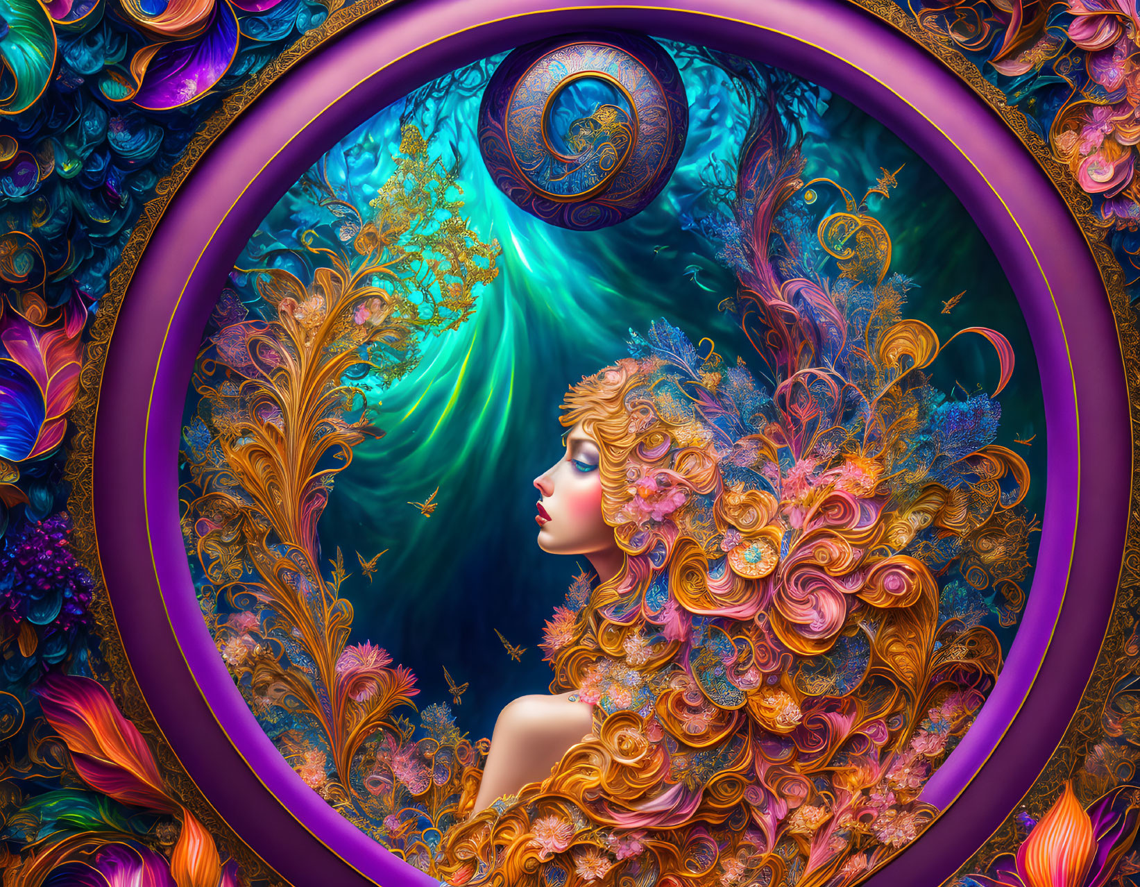 Colorful Digital Artwork: Woman with Elaborate Hair in Floral Frame