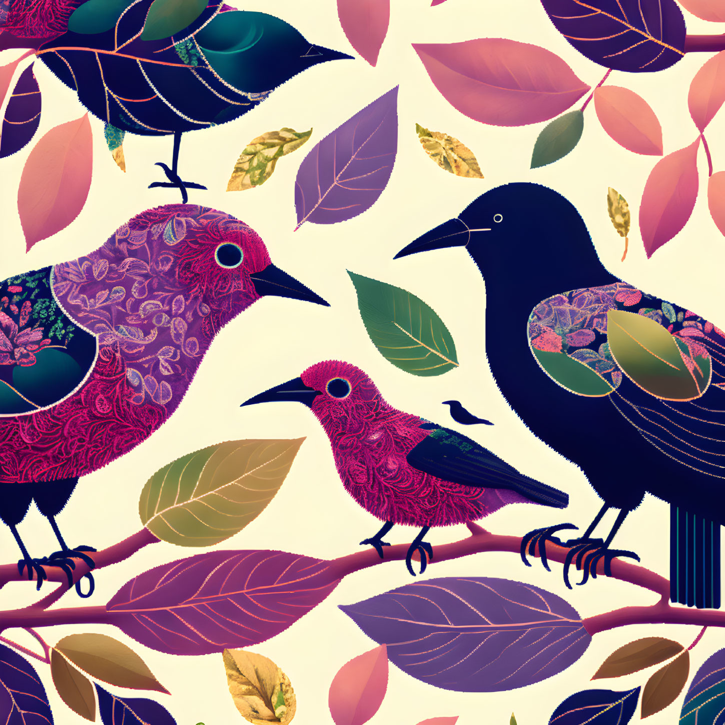 Vibrant bird illustrations with patterned bodies in leafy setting