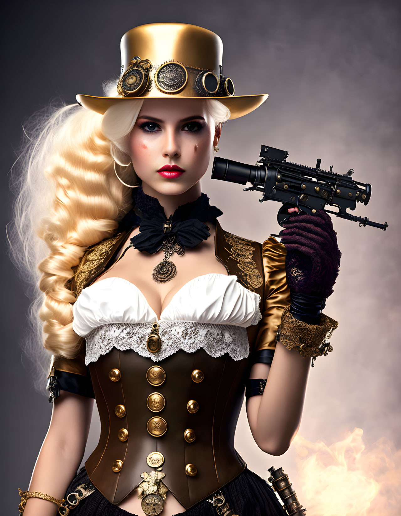 Steampunk-inspired woman in top hat with futuristic gun and elaborate attire