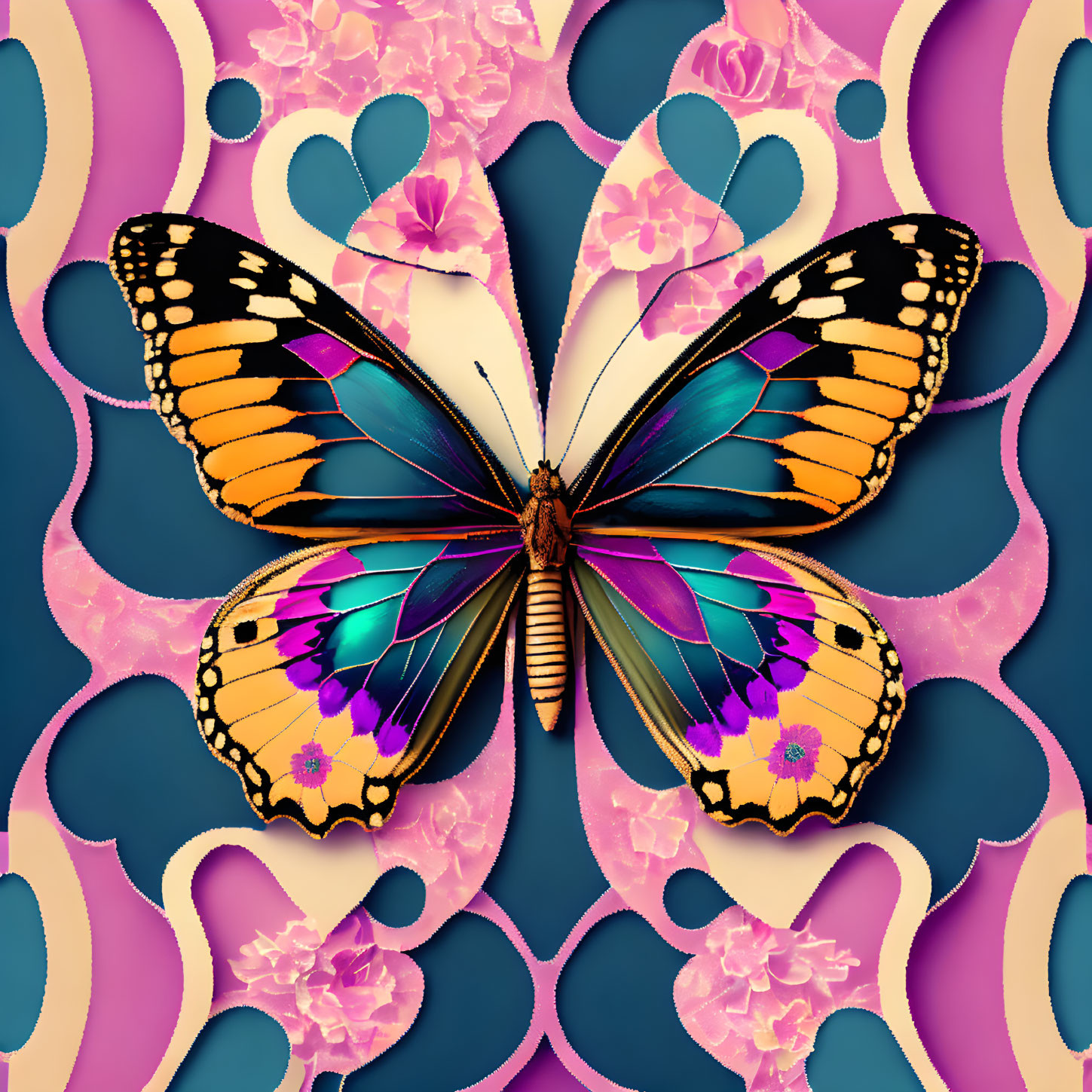 Colorful Butterfly with Orange, Yellow, and Blue Wings on Floral Background