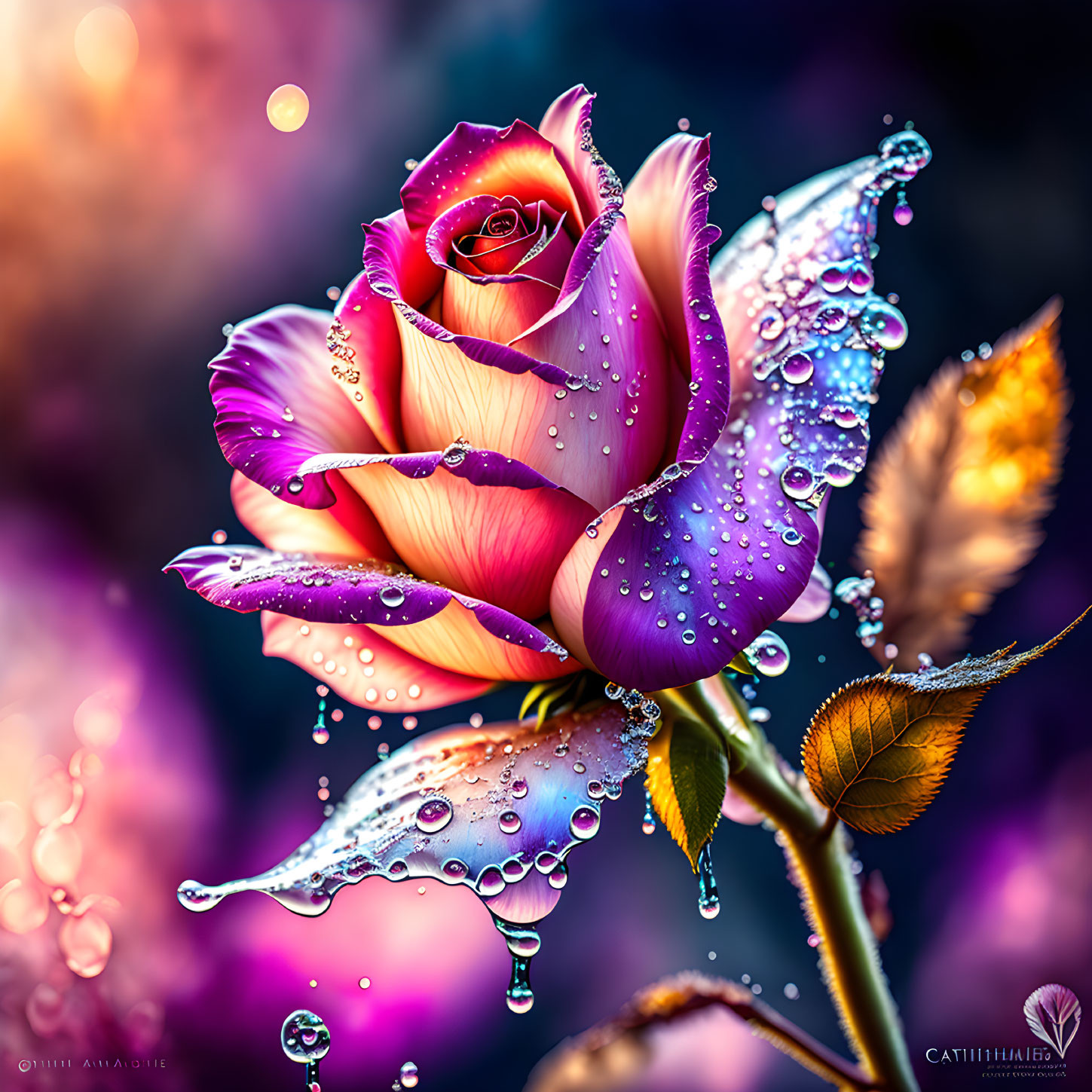 Vibrant rose with purple and yellow petals in water droplets on bokeh background