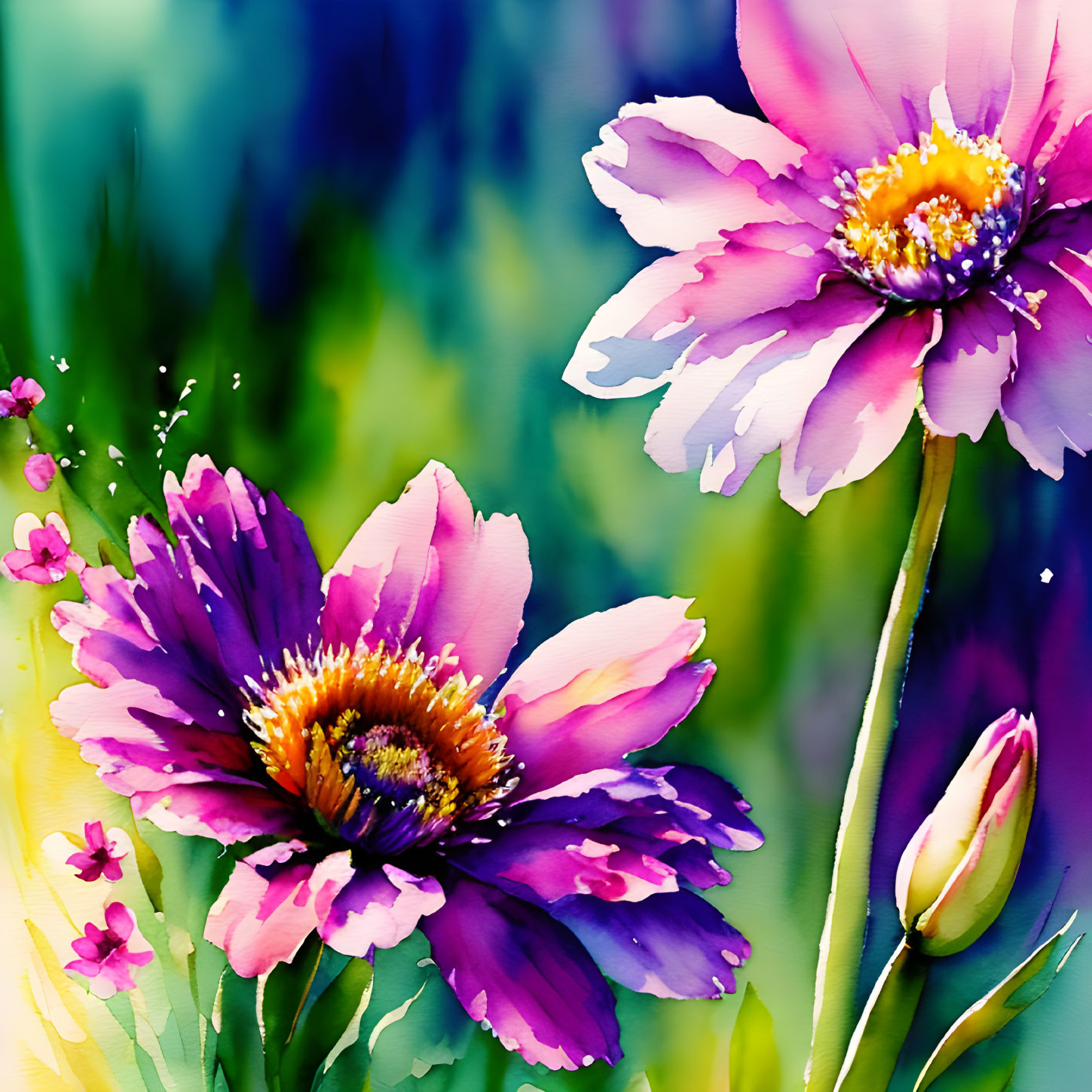 Colorful Watercolor Painting of Purple and Pink Flowers on Green Background