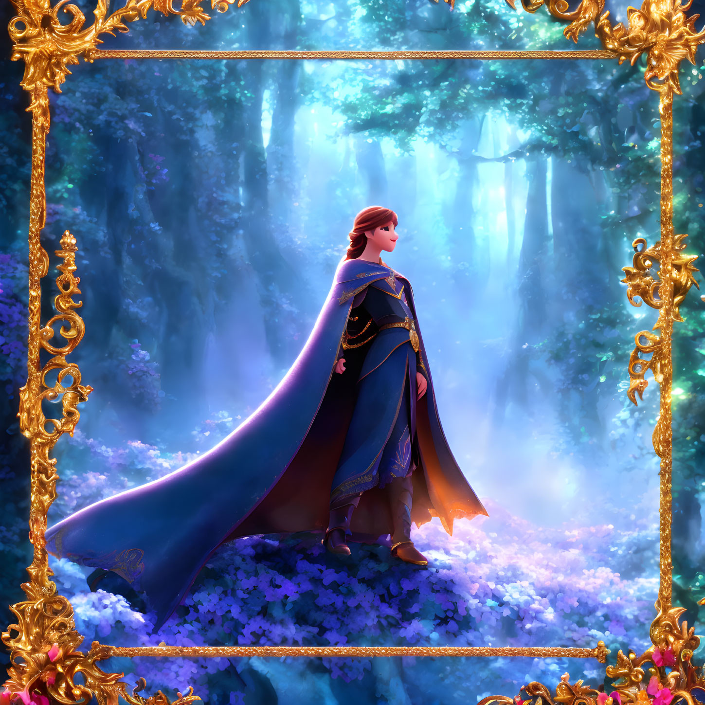 Regal animated character in mystical forest with golden border