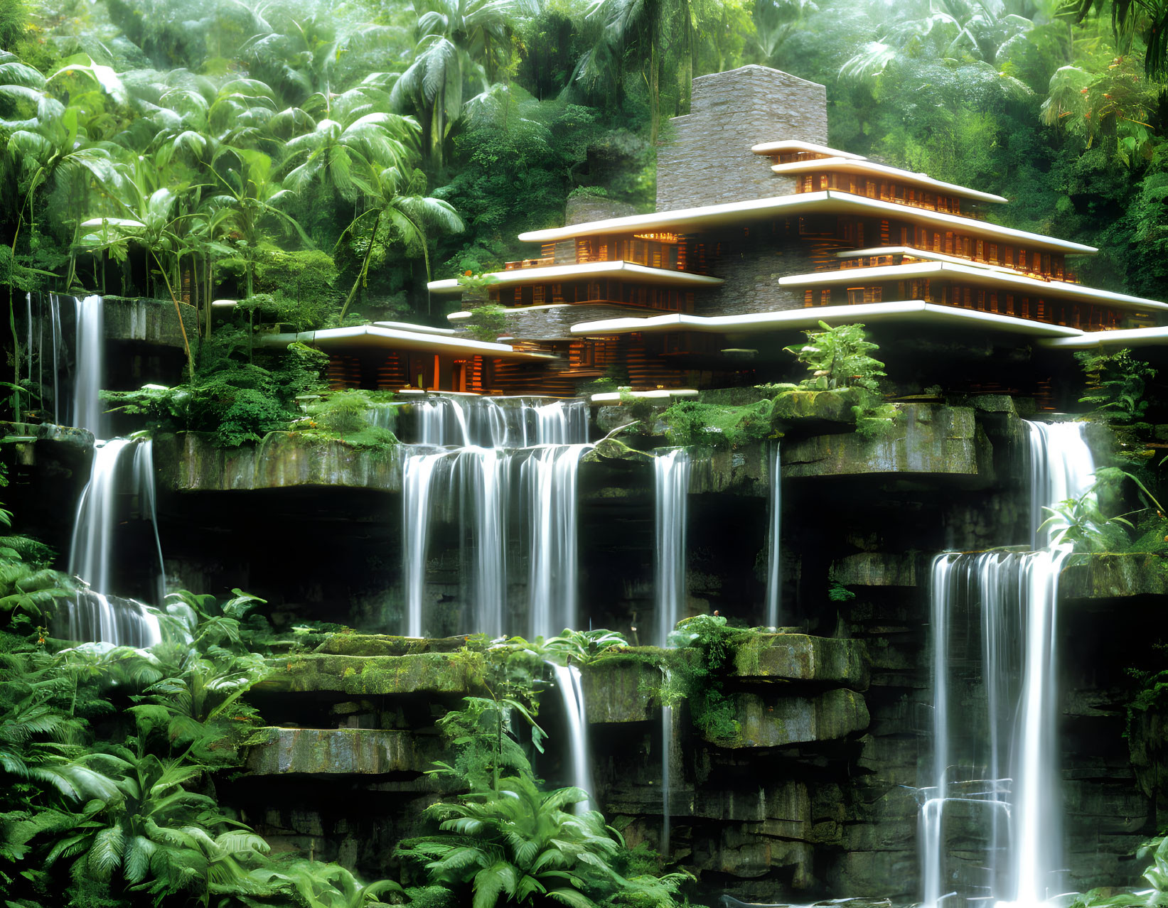 Architectural structure with warm lighting above cascading waterfalls