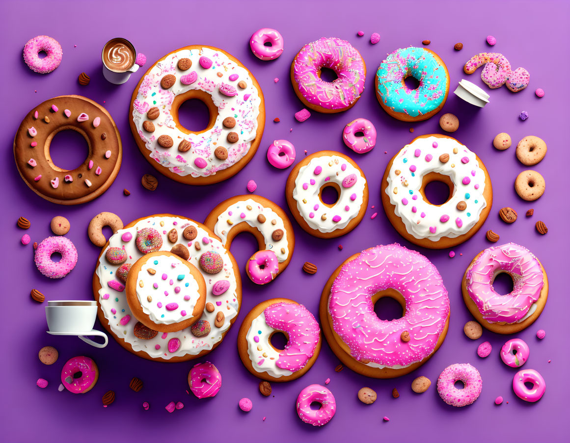 Colorful donuts with various toppings and sprinkles on purple background with coffee cup