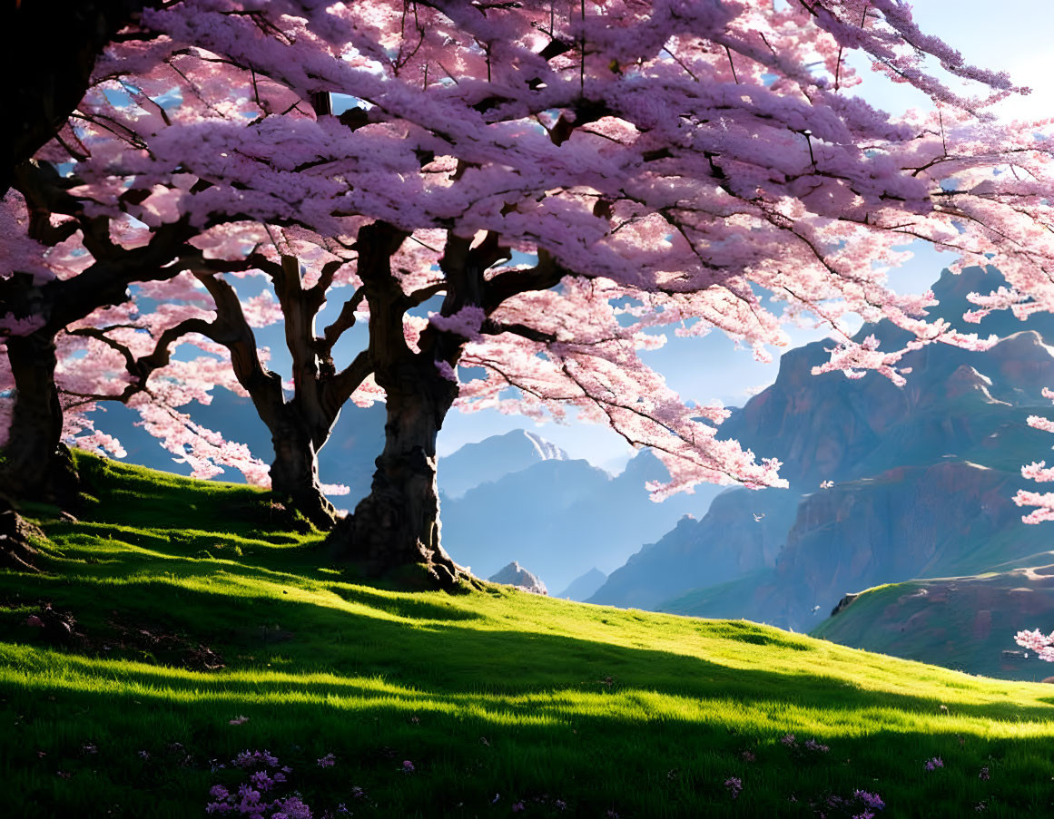 Vibrant pink cherry blossom trees on lush green hillside under clear sky