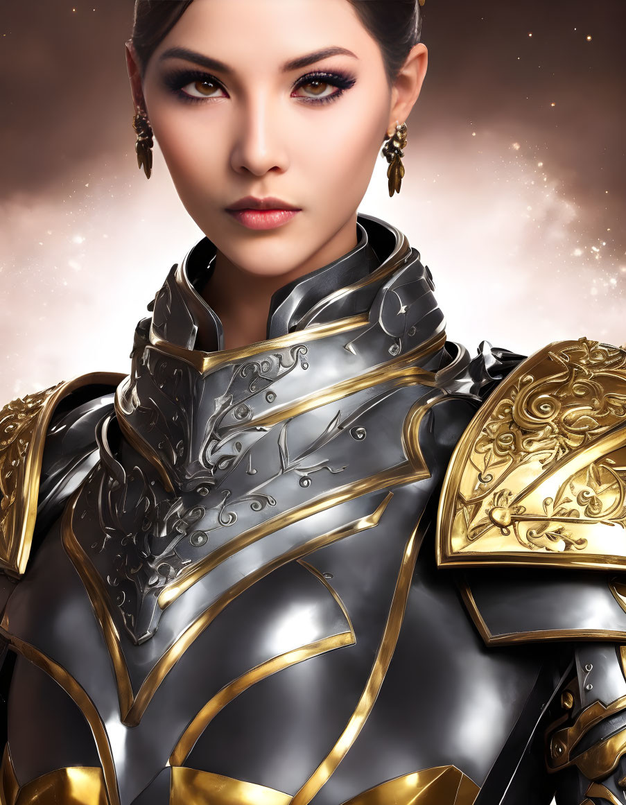 Fantasy armor-clad woman with intense gaze in starry setting