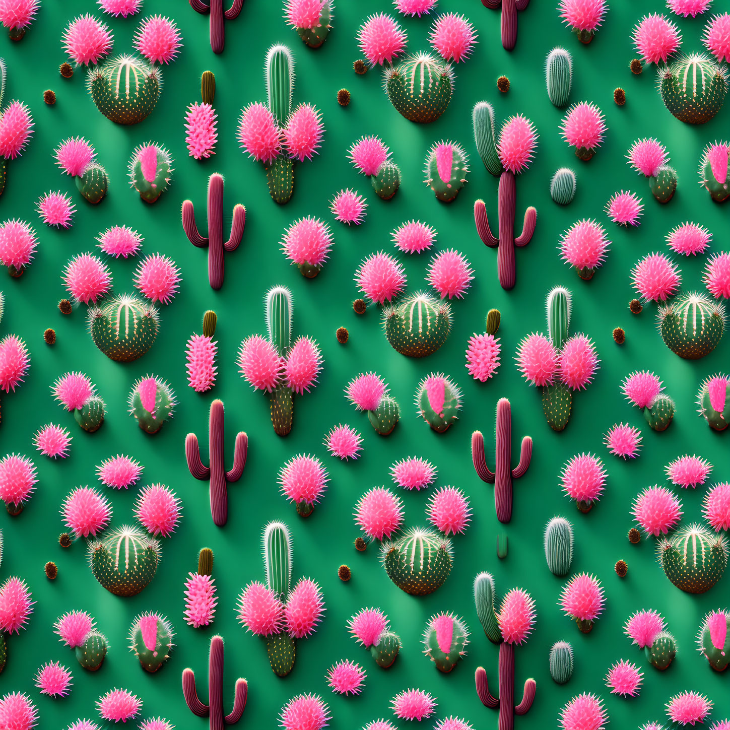 Cactus and Pink Flowers Pattern on Green Background