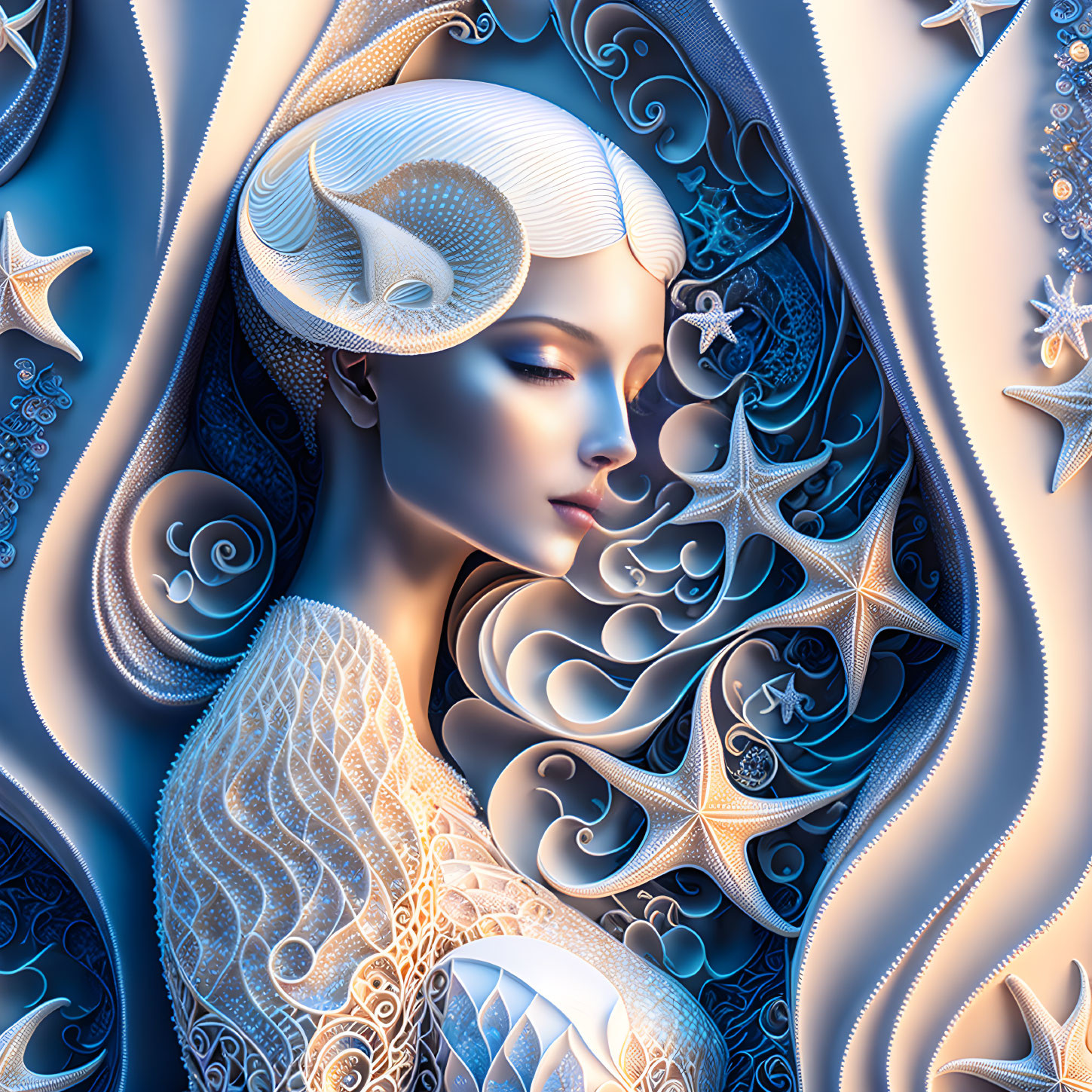 Abstract digital artwork of woman with stylized features in blue and white swirls.