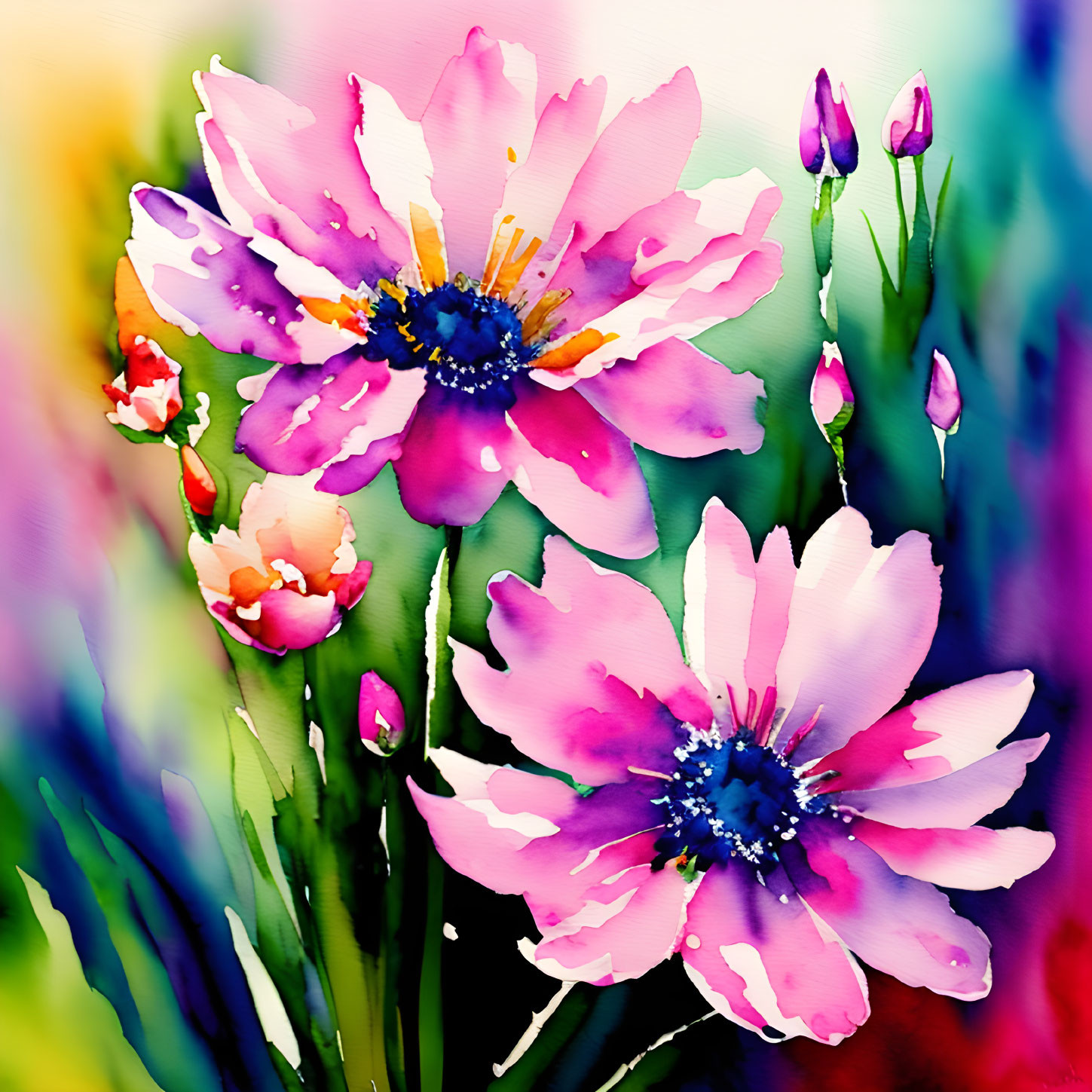 Colorful Watercolor Painting of Pink Flowers and Greenery