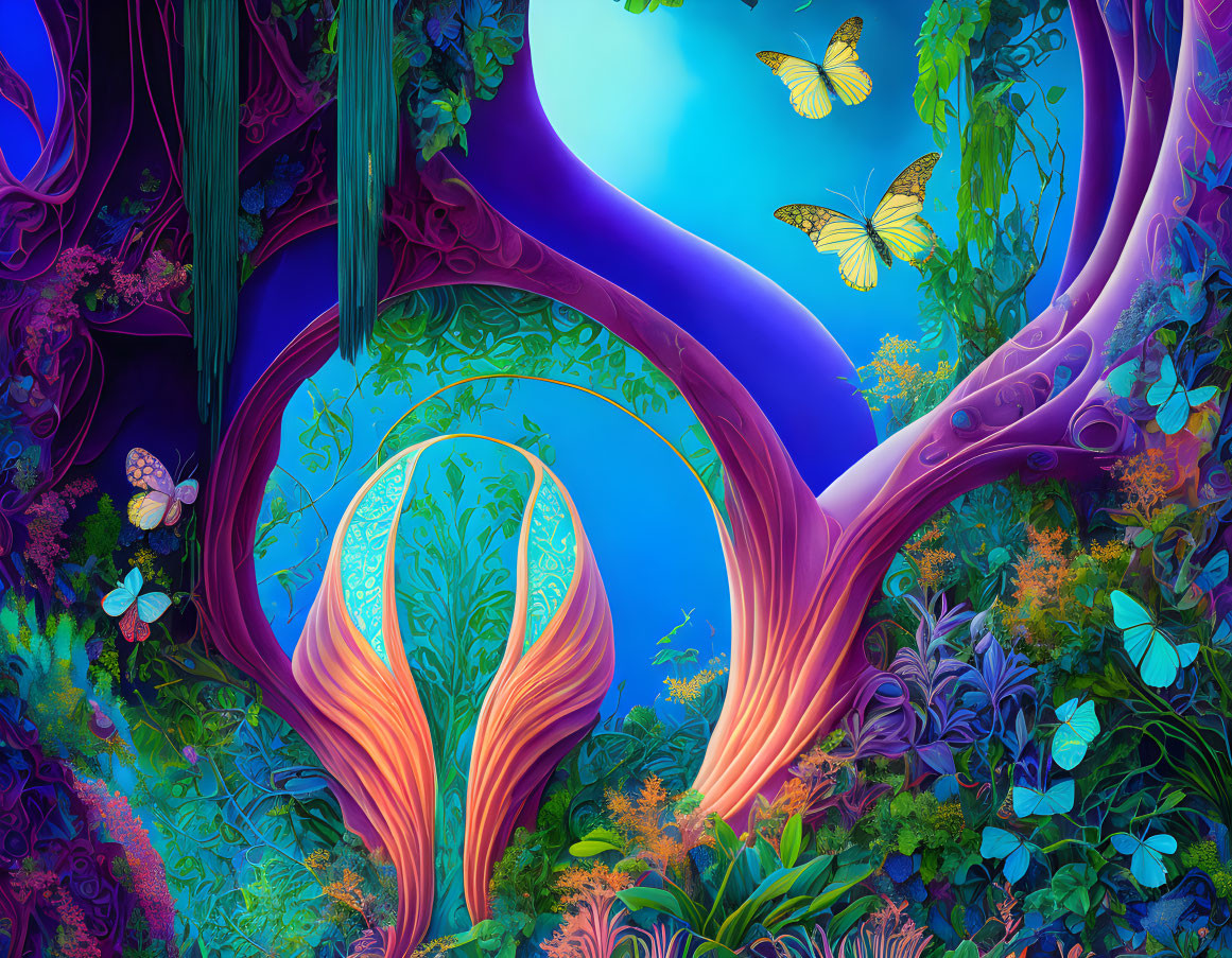 Colorful fantasy forest scene with whimsical trees and butterflies