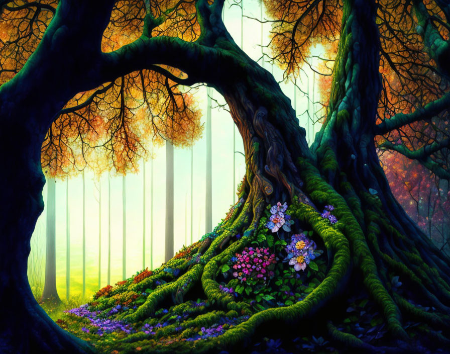 Colorful forest scene with twisted trees and vibrant flowers under golden light