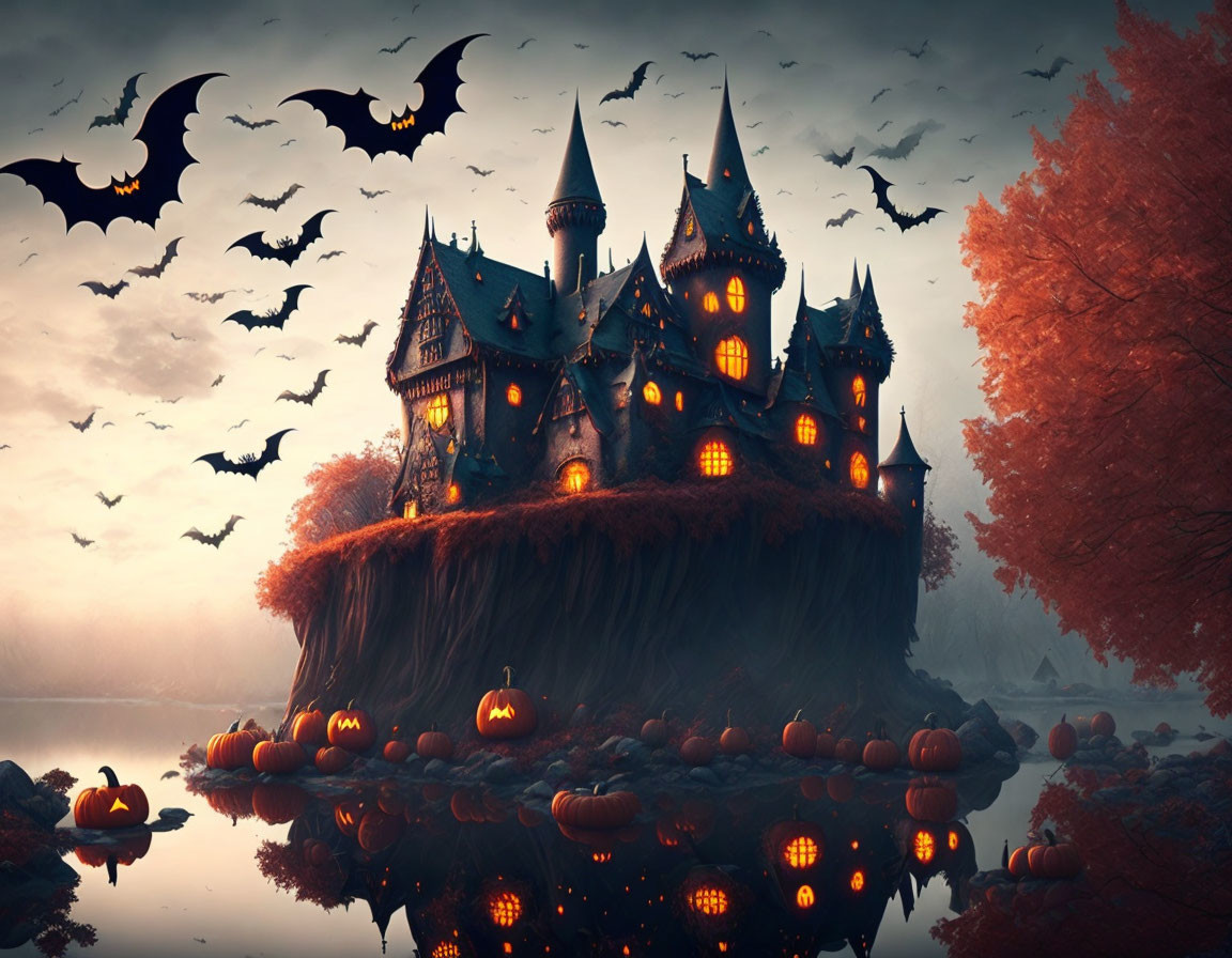 Eerie Gothic castle on elevated land with illuminated windows, surrounded by autumnal trees, flying bats,