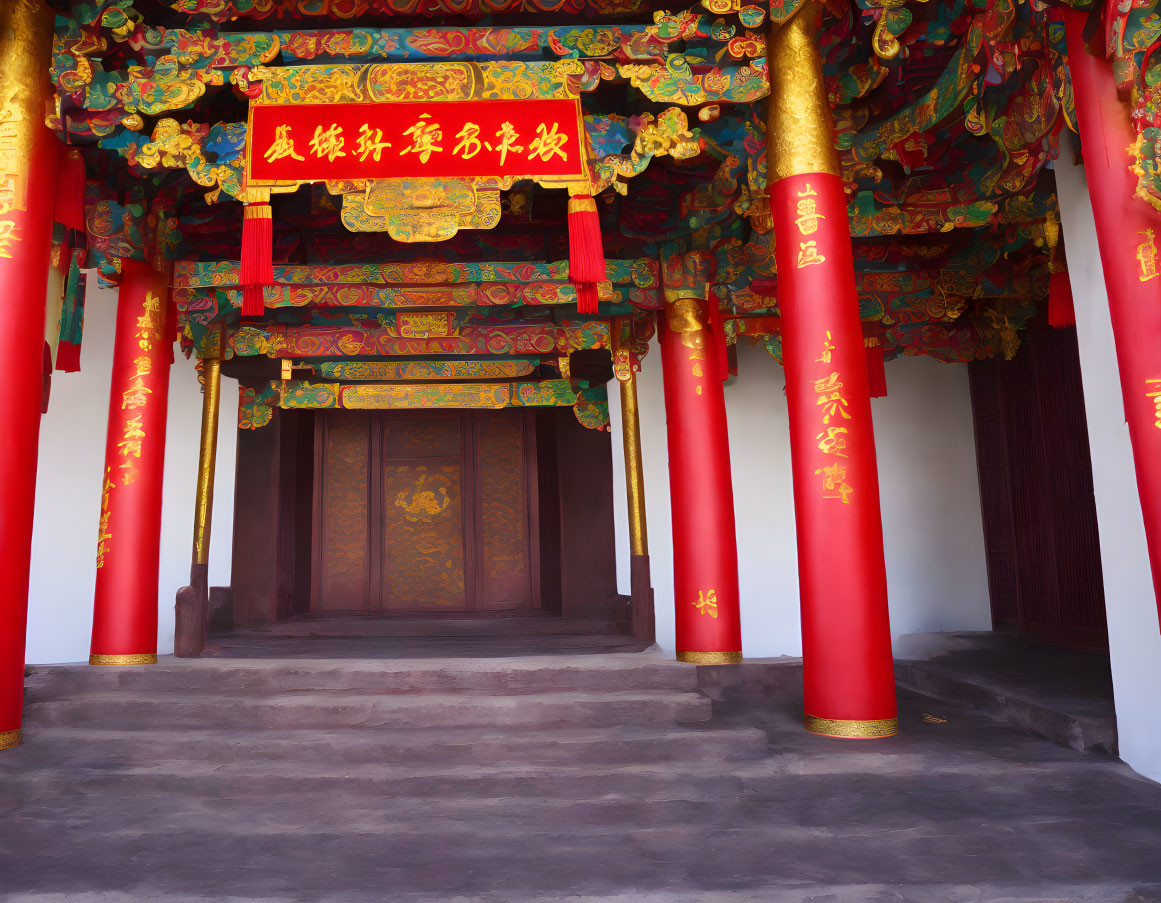 Traditional Chinese Gateway with Red Pillars and Ornate Roof Decorations