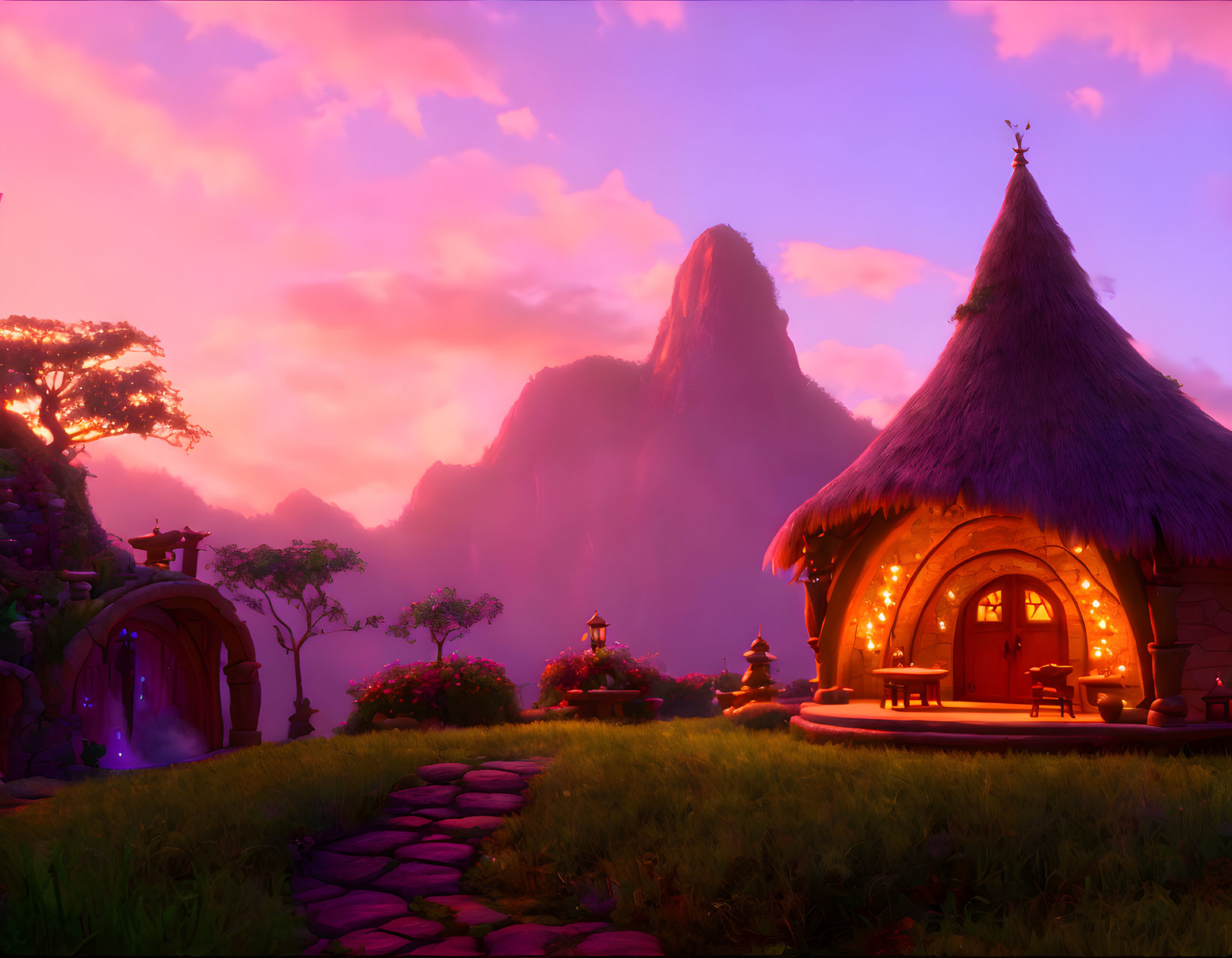 Fantasy landscape at sunset with thatched-roof cottage, stone pathway, mystical archway, lush