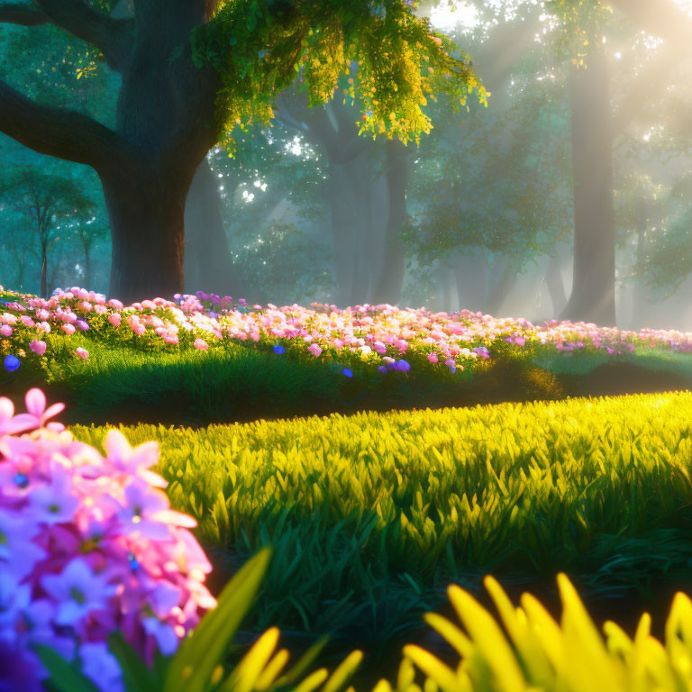 Lush garden path with vibrant flowers under a canopy of trees