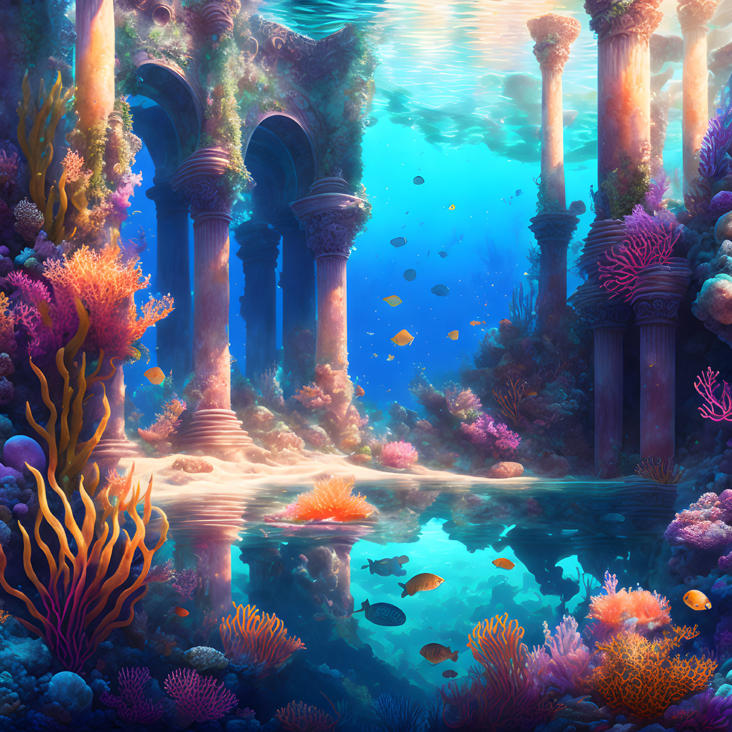 Colorful coral, ancient ruins, and fish in sunlit underwater scene