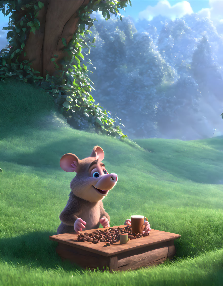 Cartoon Mouse Enjoying Coffee and Nature Scene