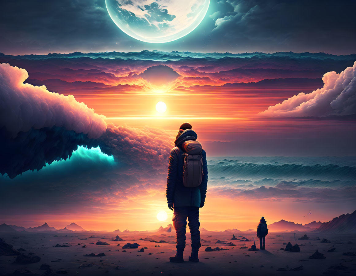 Surreal landscape with moon, dual sunsets, layered clouds, and mountains