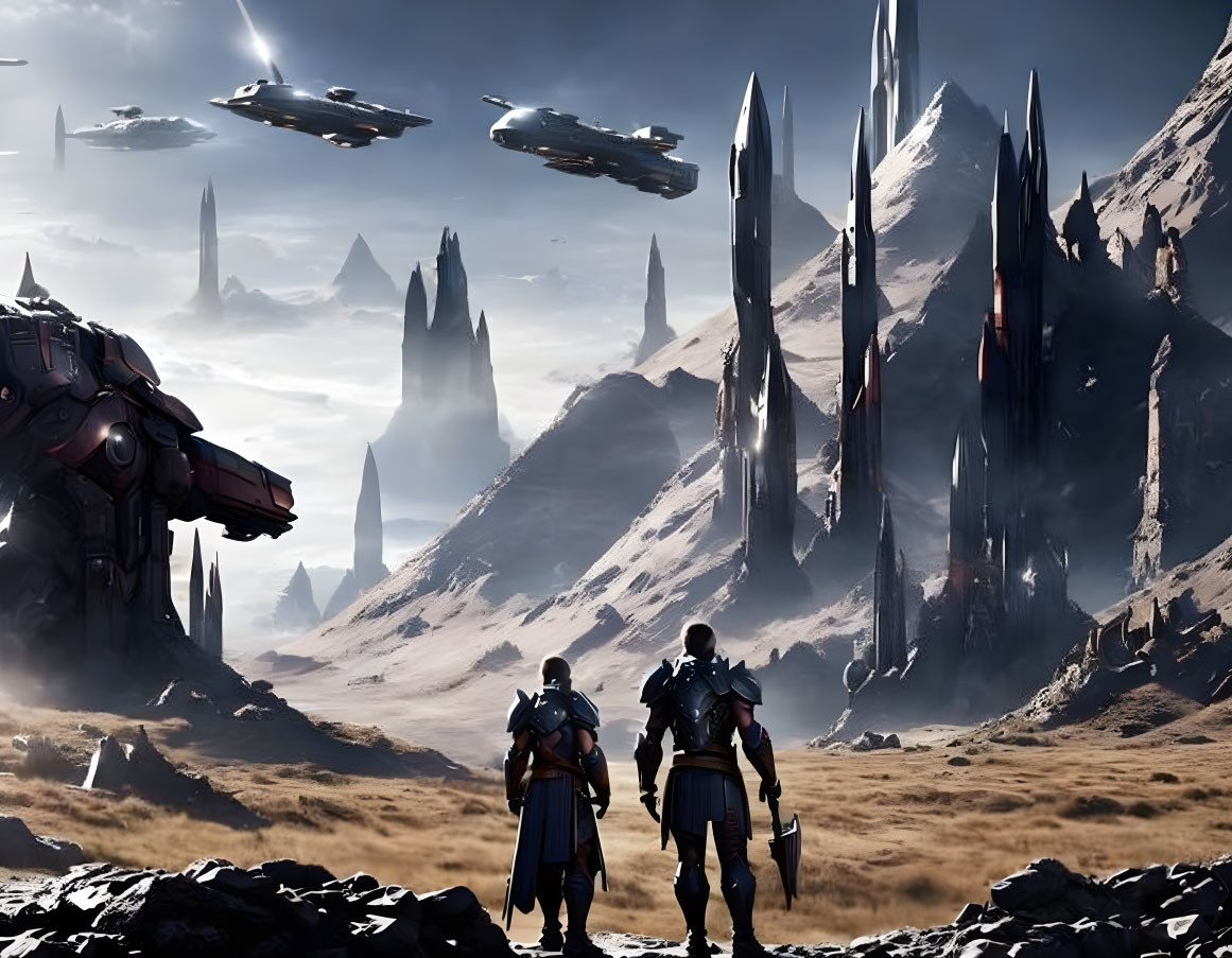 Armored individuals in futuristic landscape with towering spires and advanced aircraft.