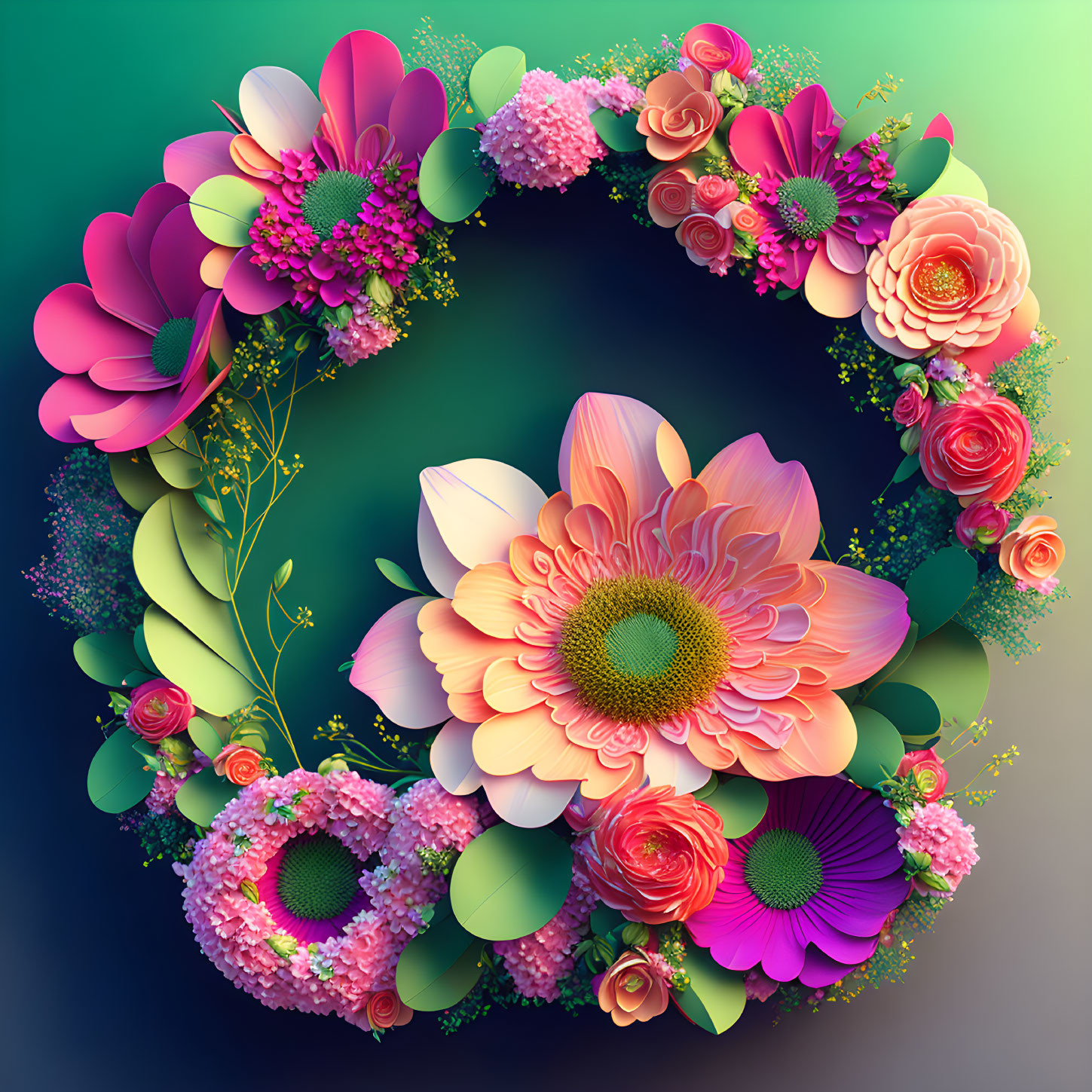 Colorful Floral Wreath on Green and Blue Gradient Background