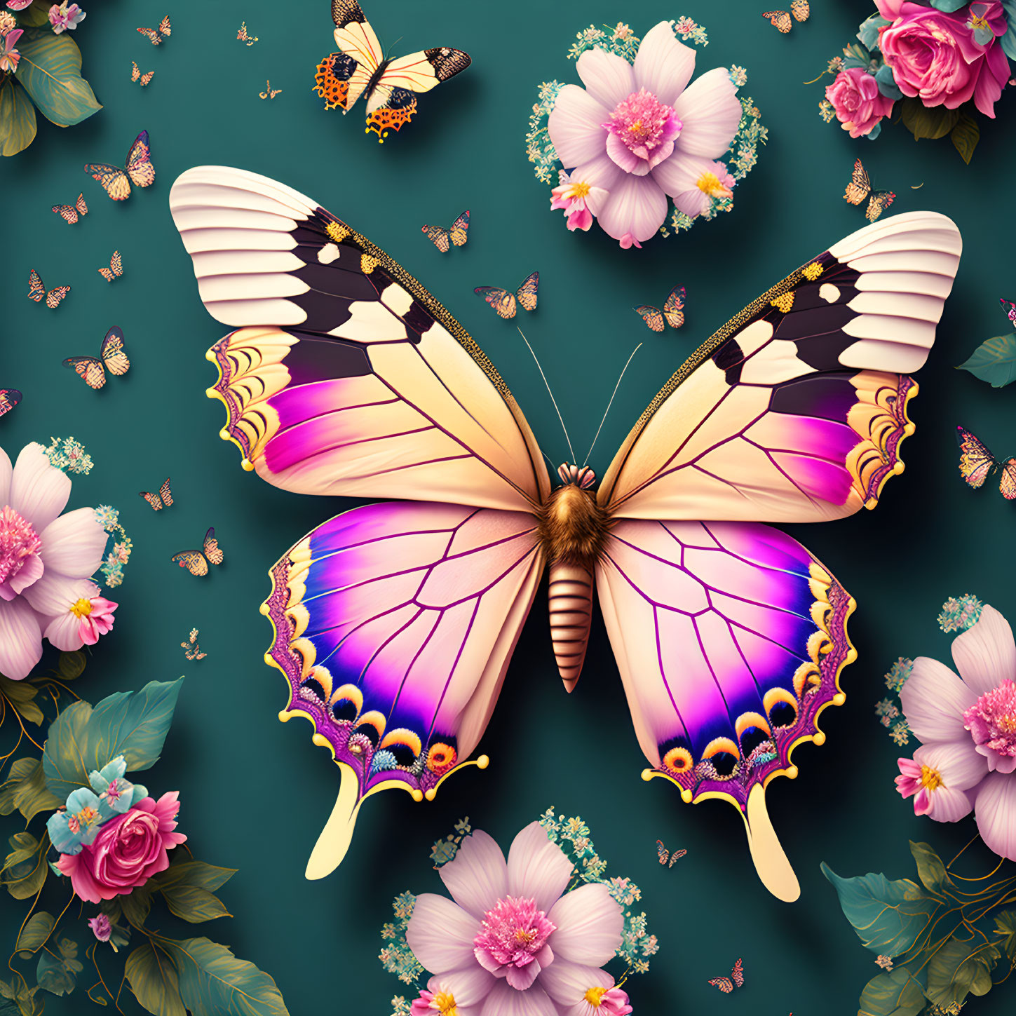 Colorful Butterfly Illustration Among Flowers on Teal Background