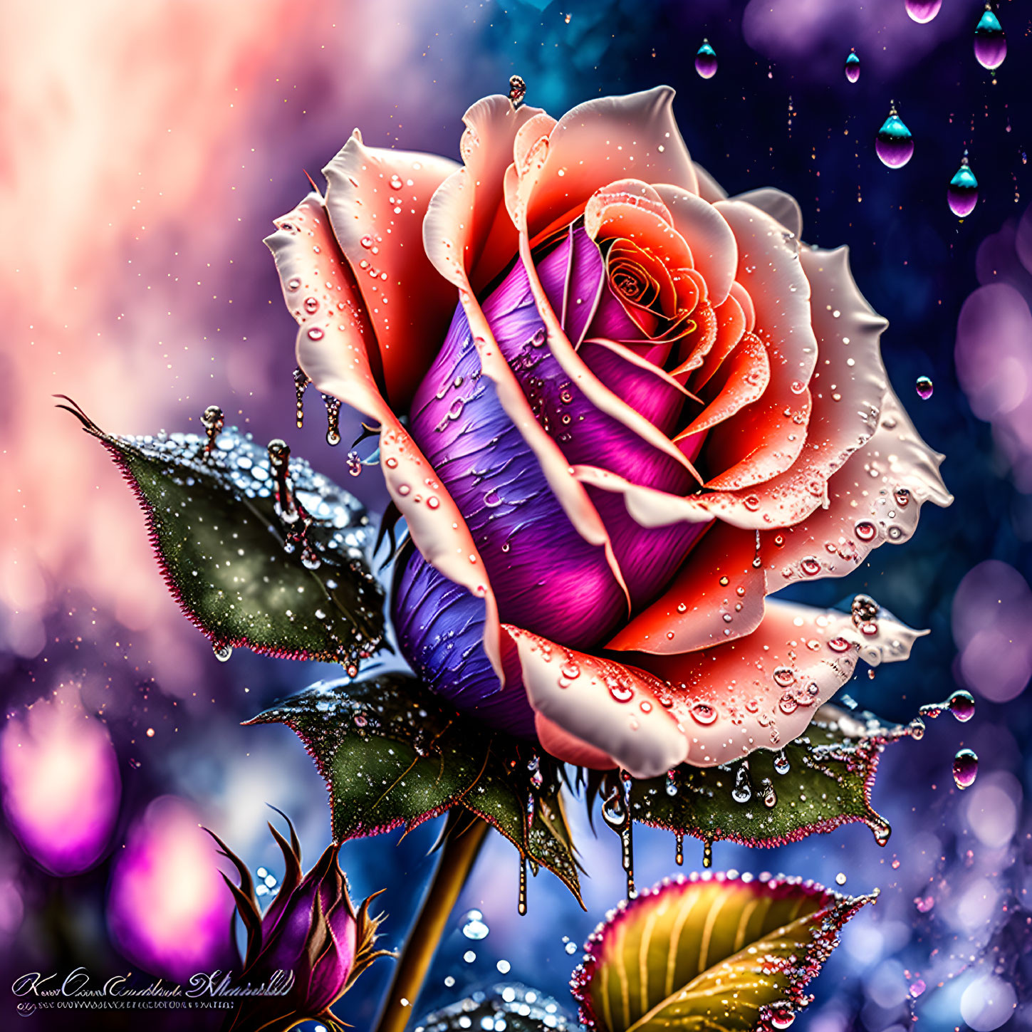 Colorful Rose with Dewdrops on Bokeh Background